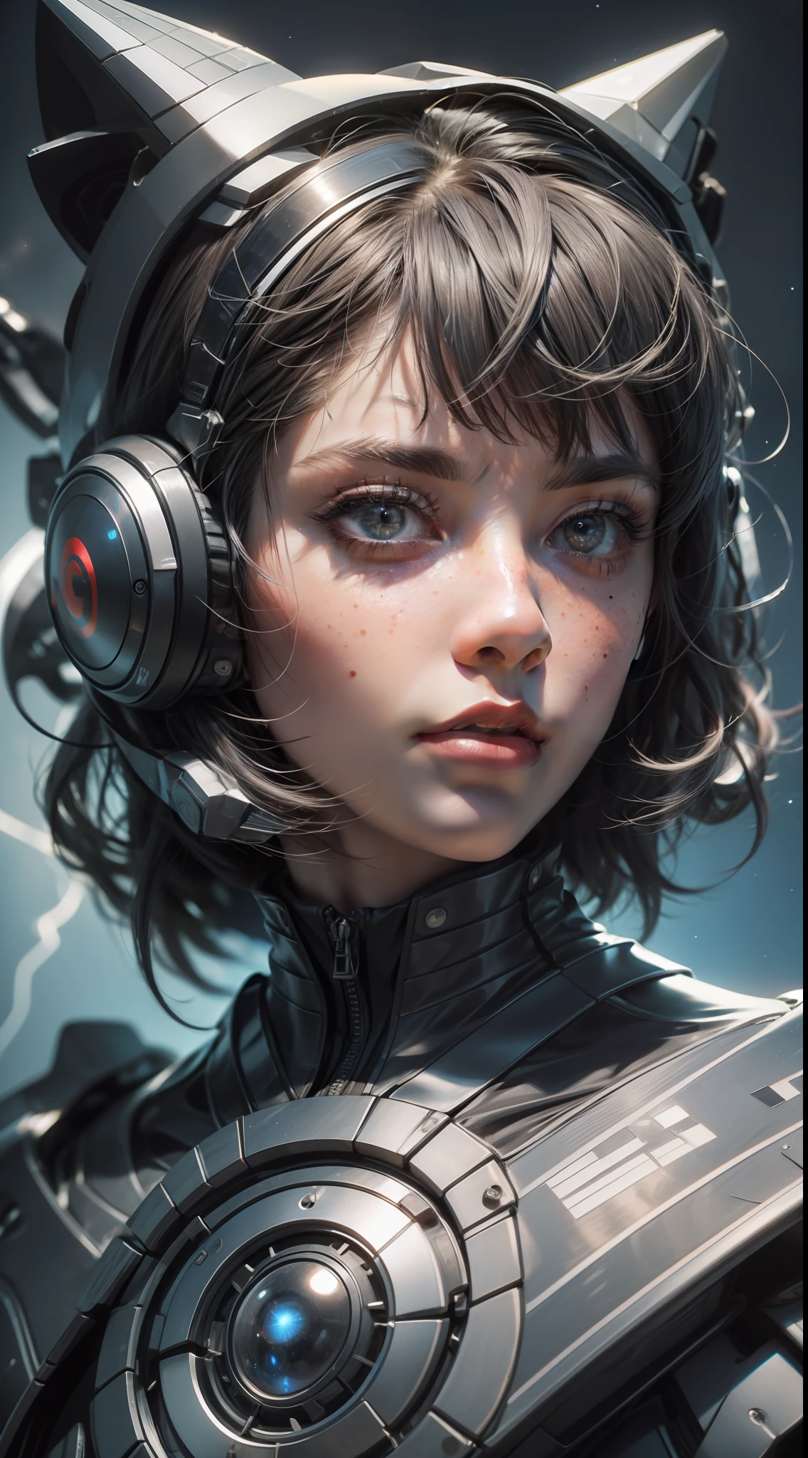 3d render, cgi, symetrical, octane render, 35mm, intricate details, hdr, intricate details, hyperdetailed, natural skin texture, hyperrealism, sharp,
1 girl, woman, portrait, freckles, looking at viewer, solo, half shot, detailed background, close up, grey eyes, white short hair, detailed face, futuristic shining digital cobalt armor, hexagonal pattern, cape, high-tech, robotics, high-tech (mask:0.9), head-up display, epic starry outer space in background, sparks, electricity, screens, cinematic atmosphere,
nardack,