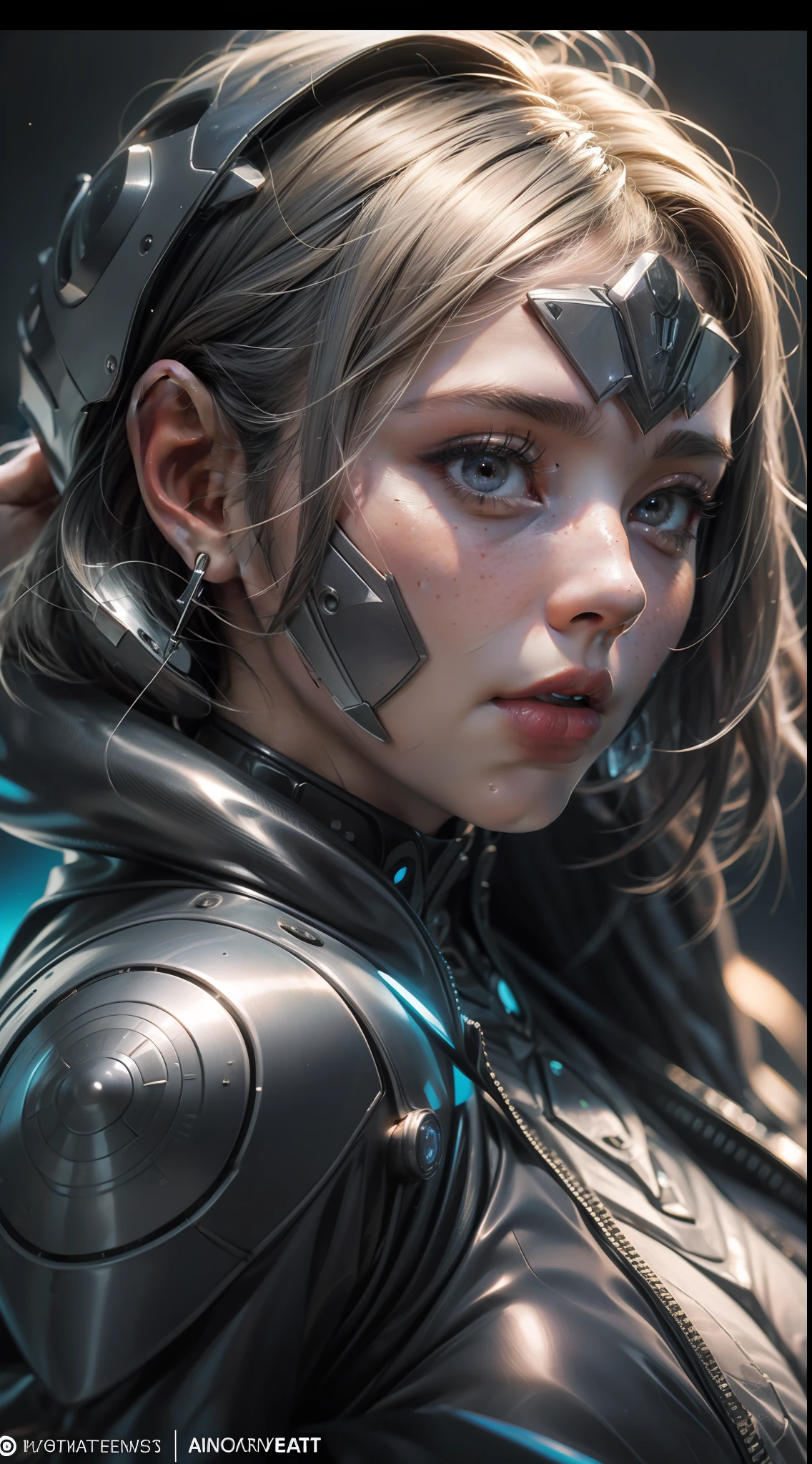 3d render, cgi, symetrical, octane render, 35mm, intricate details, hdr, intricate details, hyperdetailed, natural skin texture, hyperrealism, sharp,
1 girl, woman, portrait, freckles, looking at viewer, solo, half shot, detailed background, close up, grey eyes, white short hair, detailed face, futuristic shining digital cobalt armor, hexagonal pattern, cape, high-tech, robotics, high-tech (mask:0.9), head-up display, epic starry outer space in background, sparks, electricity, screens, cinematic atmosphere,
nardack,