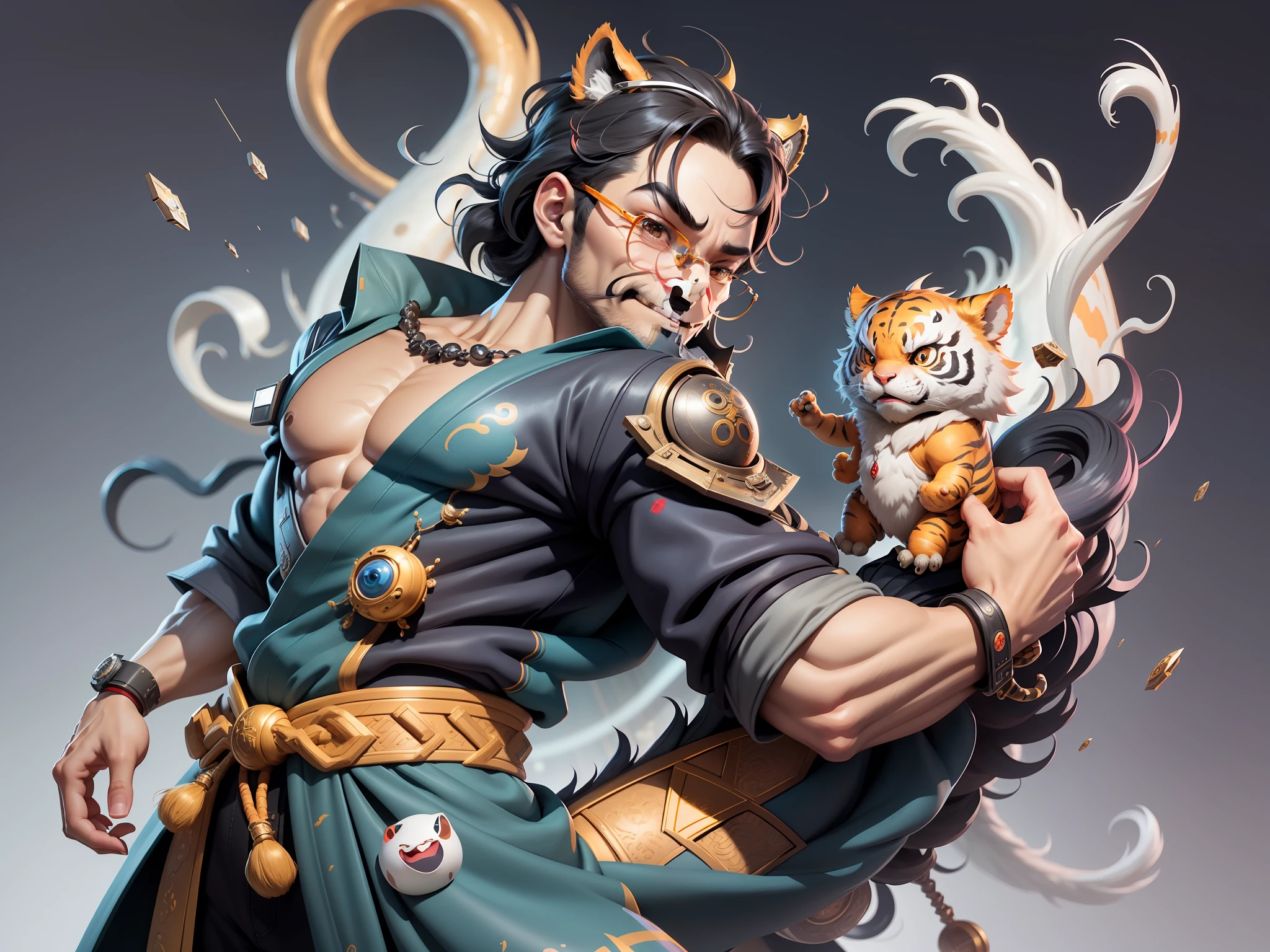 (Masterpiece), (Excellent), (Super Meticulous), (Full Body: 1.2), Super Young Man with Japanese Female Geisha, Pretty, Beautiful, Chinese Dragon, Tiger, Wind God Thor, Sexy, Bursting, Oriental Face, TV Anchor, Bust Portrait Illustration, Black Suit, Blue Tie, Slightly Chubby Face, Silver Glasses, Very Clean Face, No Beard on Chin, Black Super Short Hair, Black Eyes, Confident Smile, 3c Computer Sub-Products, iPad, iPhone, Digital Painting, 3D character design by Mark Clairedon and Pixar and Hayao Miyazaki and Akira Toriyama, the illustrations are HD illustrations in 4K resolution with highly detailed facial features and cartoon-style visuals.