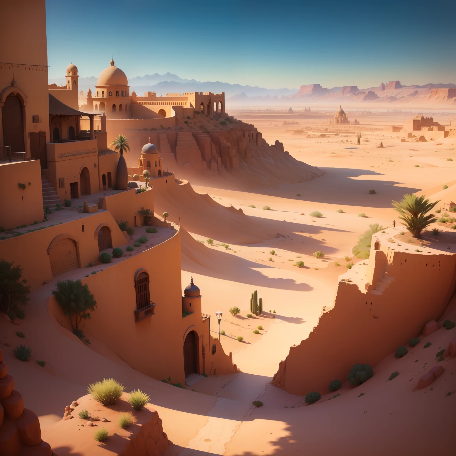 Create a landscape of a desert city , oriente , a great Mediterranean city , RPG , fantasia , oil-painting, alto detalhamento, pessoas vivendo , Guardas
