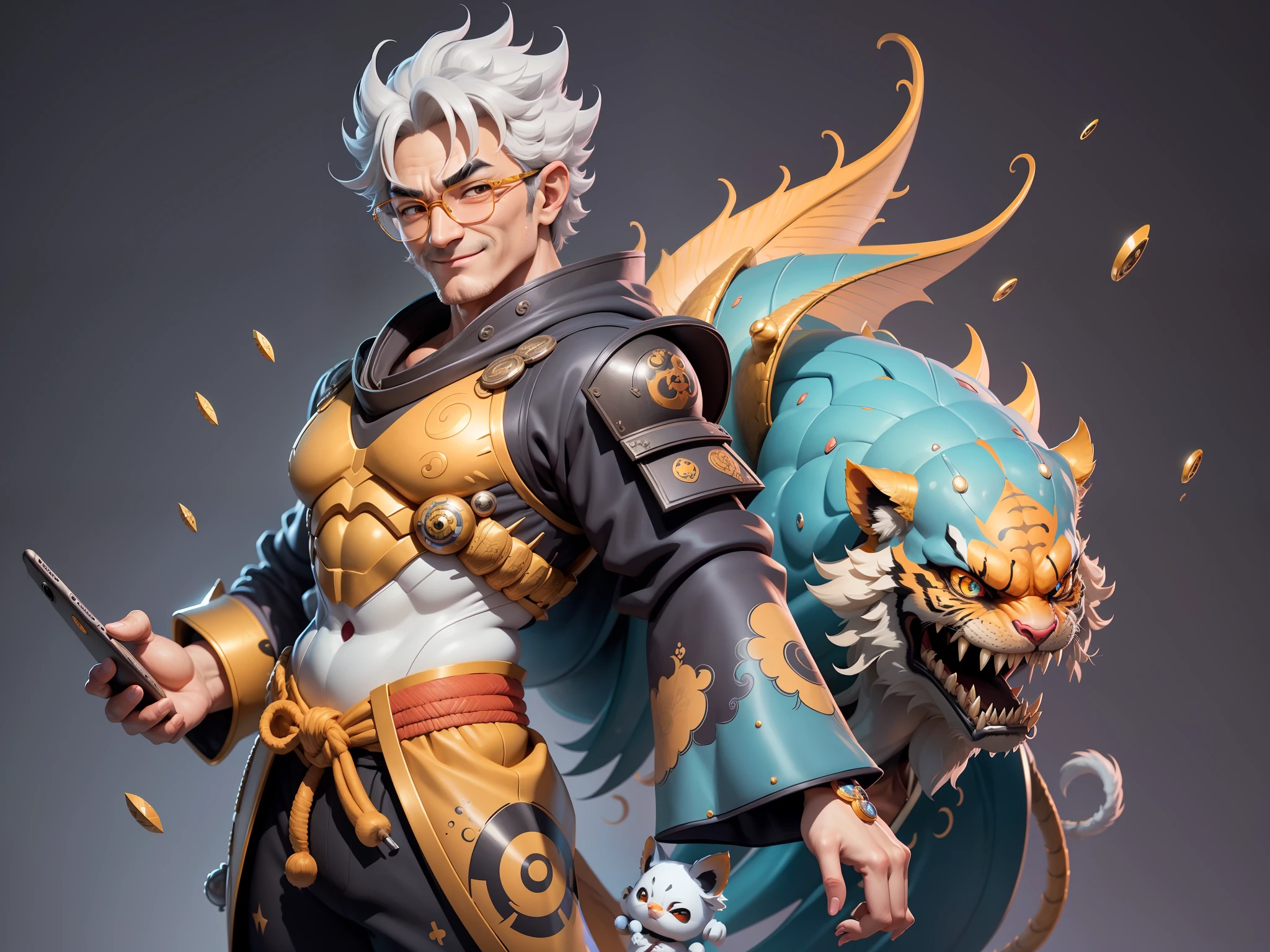 (Masterpiece), (Excellent), (Super Meticulous), (Full Body: 1.2), Super Young Man with Japanese Female Geisha, Pretty, Beautiful, Chinese Dragon, Tiger, Wind God Thor, Sexy, Bursting, Oriental Face, TV Anchor, Bust Portrait Illustration, Black Suit, Blue Tie, Slightly Chubby Face, Silver Glasses, Very Clean Face, No Beard on Chin, Black Super Short Hair, Black Eyes, Confident Smile, 3c Computer Sub-Products, iPad, iPhone, Digital Painting, 3D character design by Mark Clairedon and Pixar and Hayao Miyazaki and Akira Toriyama, the illustrations are HD illustrations in 4K resolution with highly detailed facial features and cartoon-style visuals.