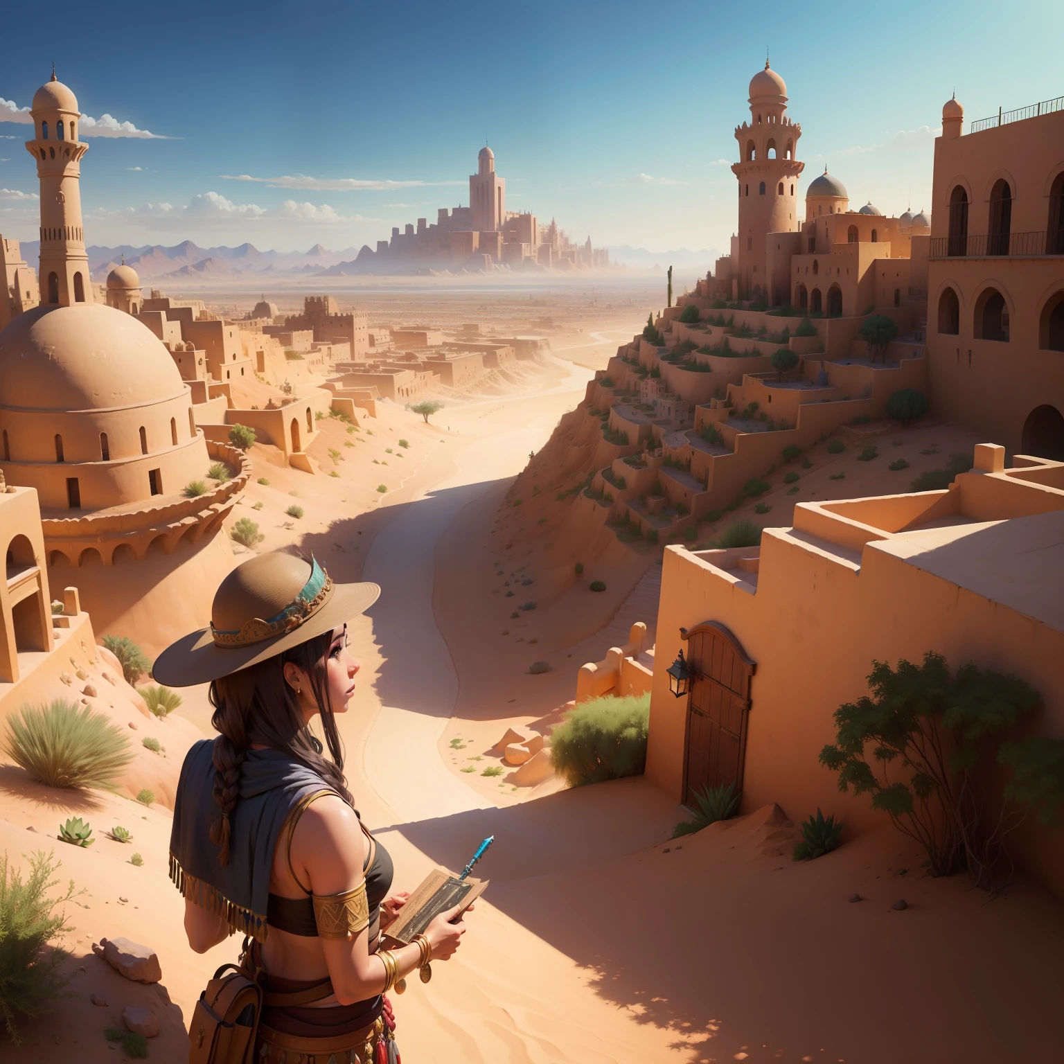 Create a landscape of a desert city , oriente , a great Mediterranean city , RPG , fantasia , oil-painting, alto detalhamento, pessoas vivendo , Guardas
