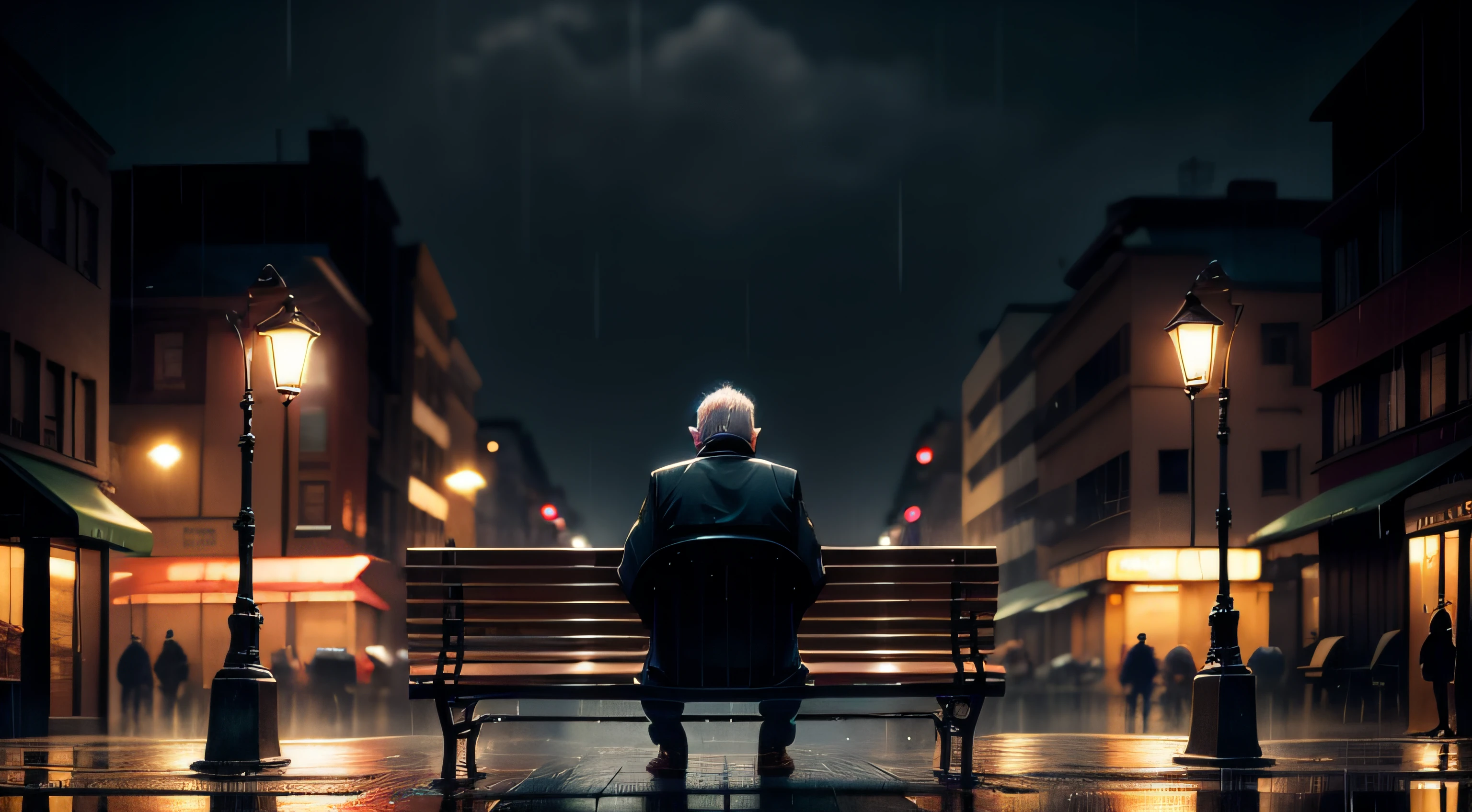 Lonely old man on a bench in a square at night on a rainy day