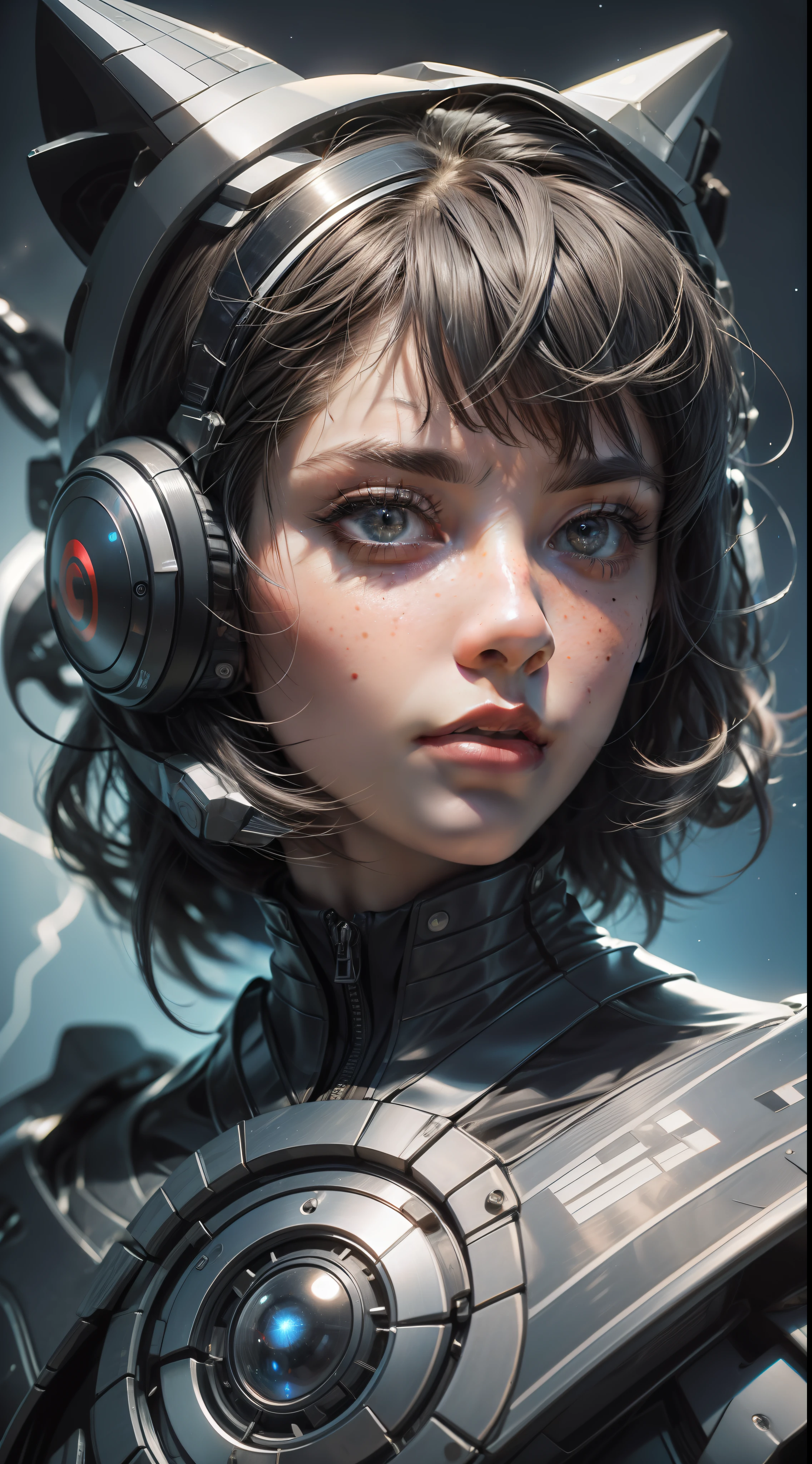 3d render, cgi, symetrical, octane render, 35mm, intricate details, hdr, intricate details, hyperdetailed, natural skin texture, hyperrealism, sharp,
1 girl,  woman, portrait, freckles, looking at viewer, solo, half shot, detailed background, close up, grey eyes, white short hair, detailed face,  futuristic shining digital cobalt armor,  hexagonal pattern, cape, high-tech,    robotics,  high-tech  (mask:0.9), head-up display,  epic  starry outer space in background,     sparks, electricity,  screens,  cinematic atmosphere,
nardack,