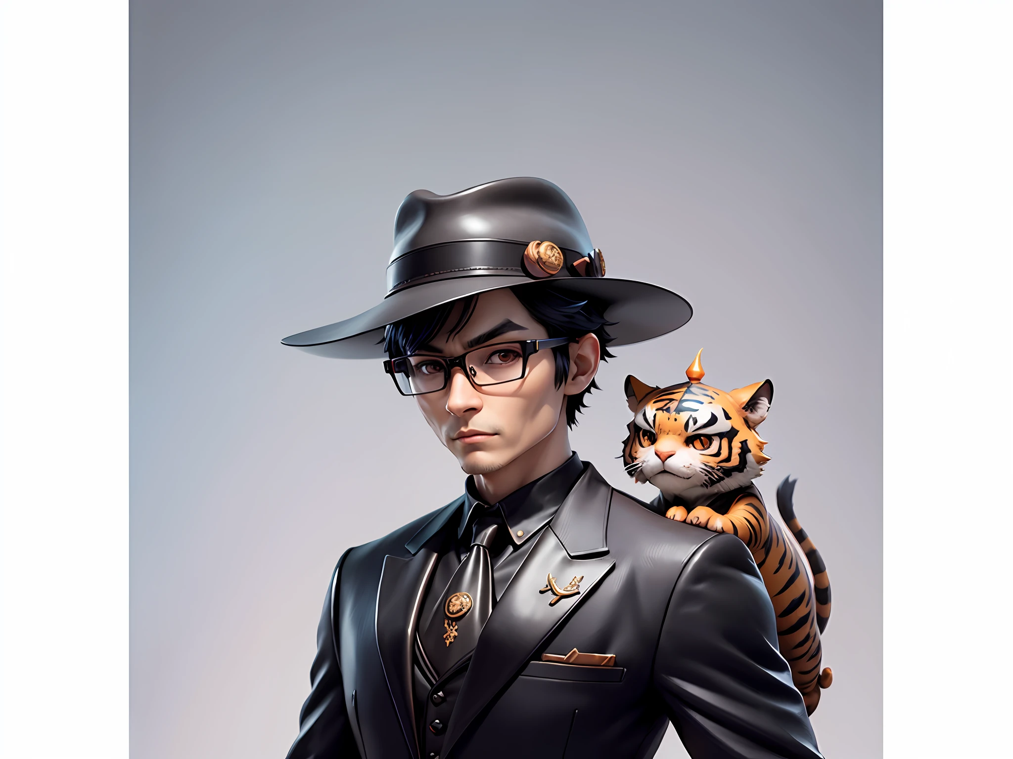 Young man with leather hat, tiger, dragon, oriental face in formal suit, short black hair, silver glasses, digital painting, 3D character design by Mark Clairedon and Pixar and Hayao Miyazaki and Akira Toriyama, the illustration is a high-definition illustration in 4K resolution with very detailed facial features and cartoon-style visuals.