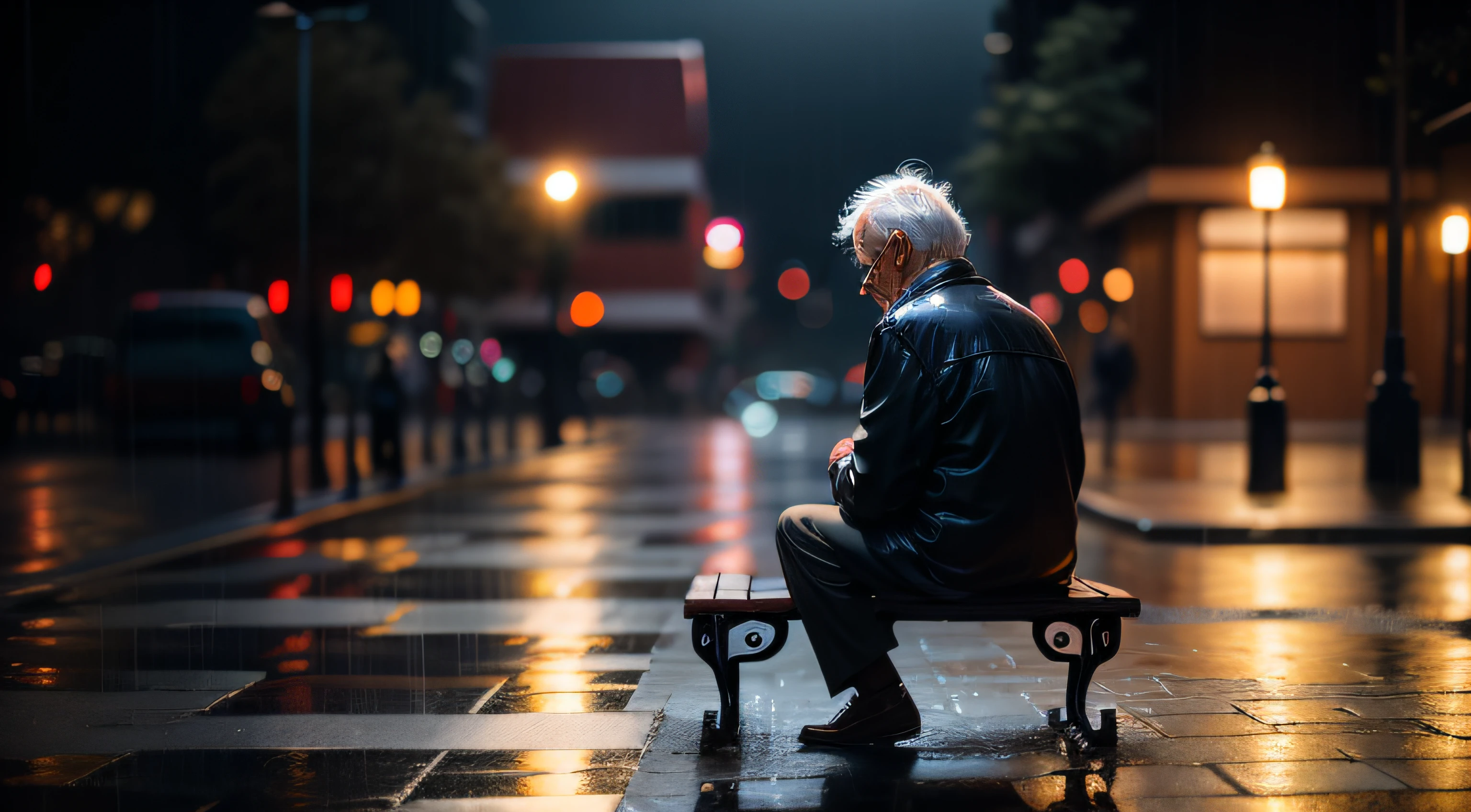 Lonely old man on a bench in a square at night on a rainy day