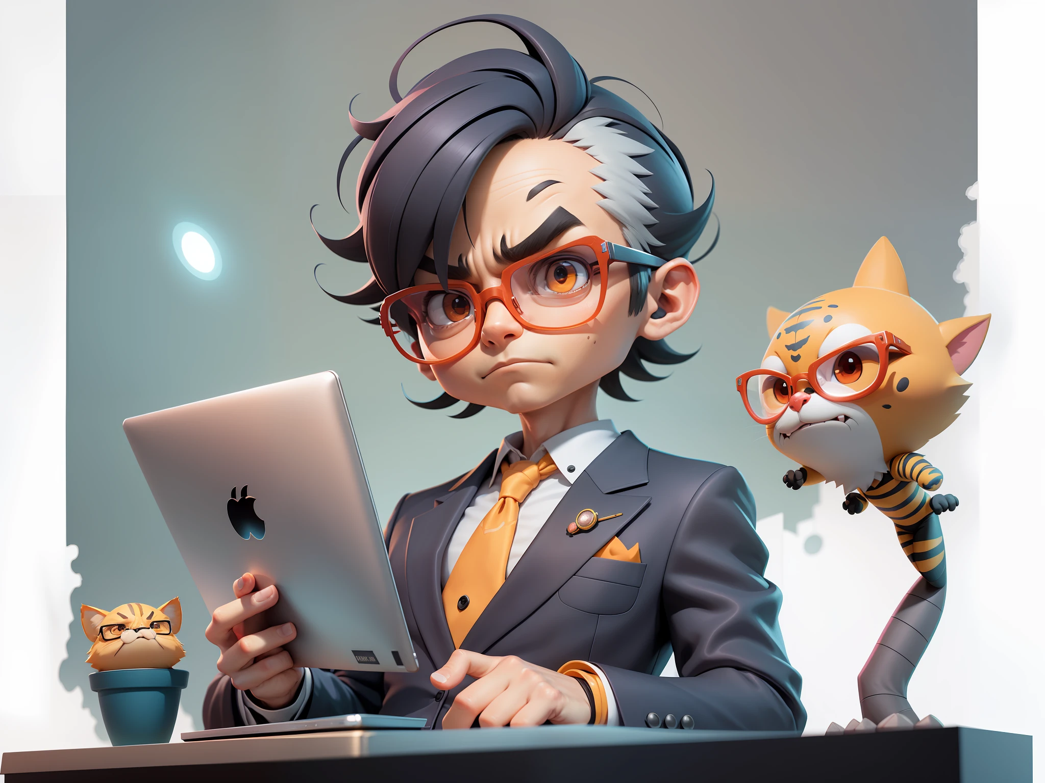 A young man in a suit, Short hair and glasses sat at his desk，holding laptop，digitial painting，tigre，3D character design by Mark Clairen and Pixar and Hayao Miyazaki and Akira Toriyama，4K HD illustration，Very detailed facial features and cartoon-style visuals。