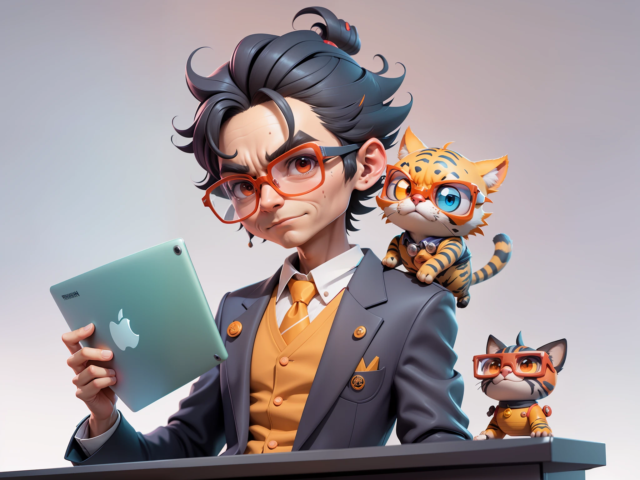 A young man in a suit, Short hair and glasses sat at his desk，holding laptop，digitial painting，tigre，3D character design by Mark Clairen and Pixar and Hayao Miyazaki and Akira Toriyama，4K HD illustration，Very detailed facial features and cartoon-style visuals。