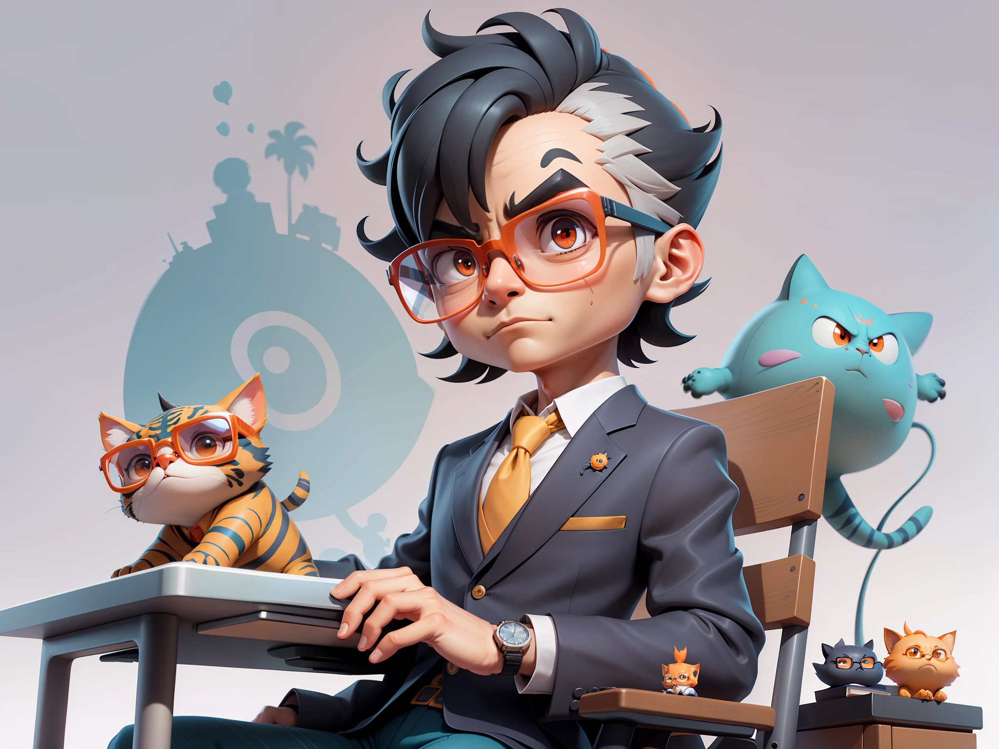 A young man in a suit, Short hair and glasses sat at his desk，holding laptop，digitial painting，tigre，3D character design by Mark Clairen and Pixar and Hayao Miyazaki and Akira Toriyama，4K HD illustration，Very detailed facial features and cartoon-style visuals。