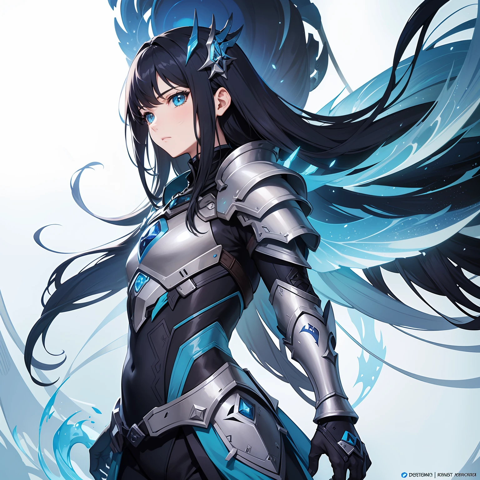 close up de um desenho de um homem com uma grande armadura azul e branca segurando uma bola de cristal, Fanart de Destiny, armadura medieval, placas, cota de placas, Sigma de Overwatch, arte conceitual intocada, pale blue armor, homem com armadura, corpo masculino, Eco de Overwatch, armadura azul e prata gelo, arte do destino, mago de gelo, arte de personagens de videogame, bela arte conceitual de corpo inteiro, arte conceitual arcana, Warframe Destiny Fanart