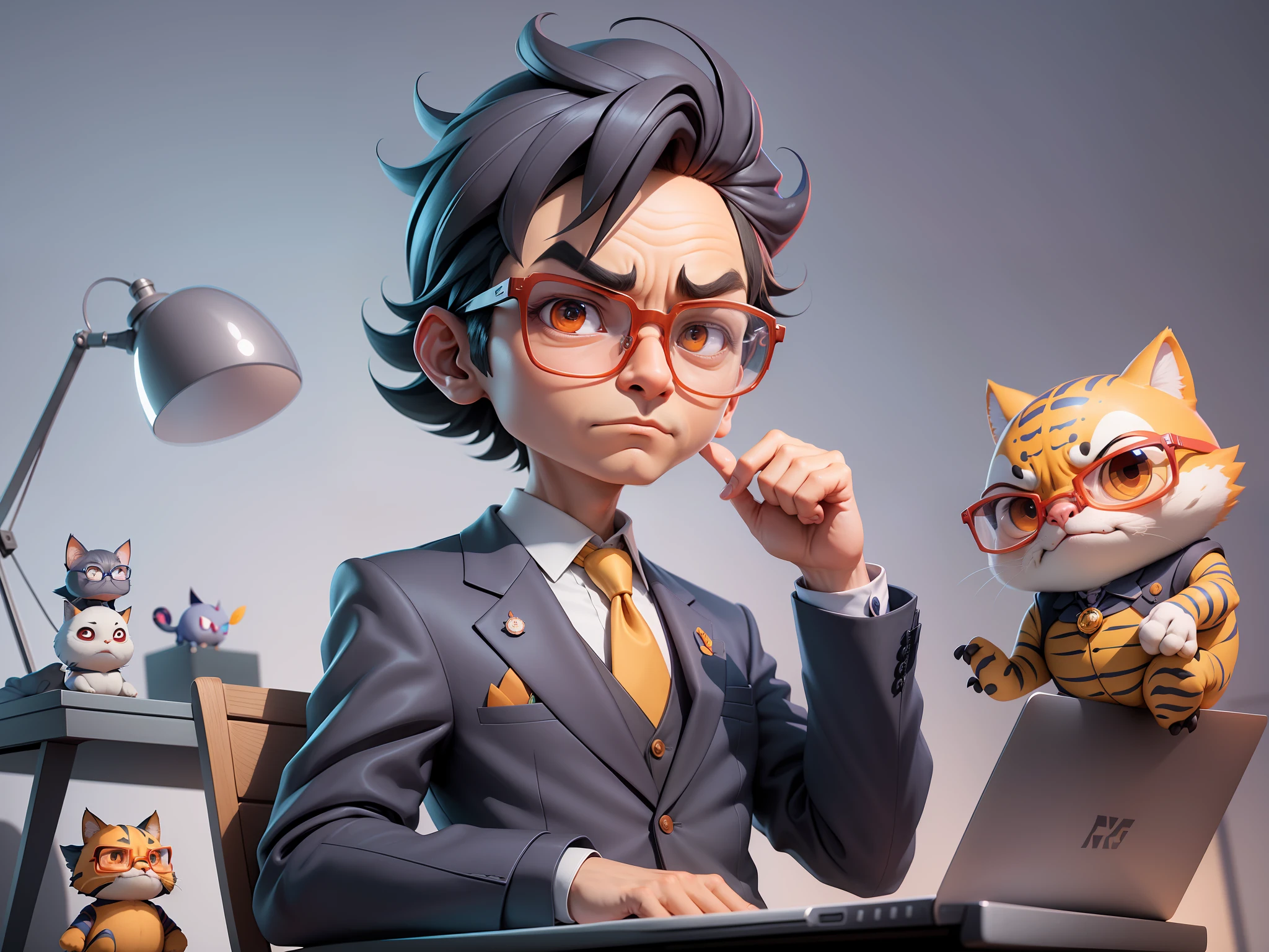 A young man in a suit, Short hair and glasses sat at his desk，holding laptop，digitial painting，tigre，3D character design by Mark Clairen and Pixar and Hayao Miyazaki and Akira Toriyama，4K HD illustration，Very detailed facial features and cartoon-style visuals。