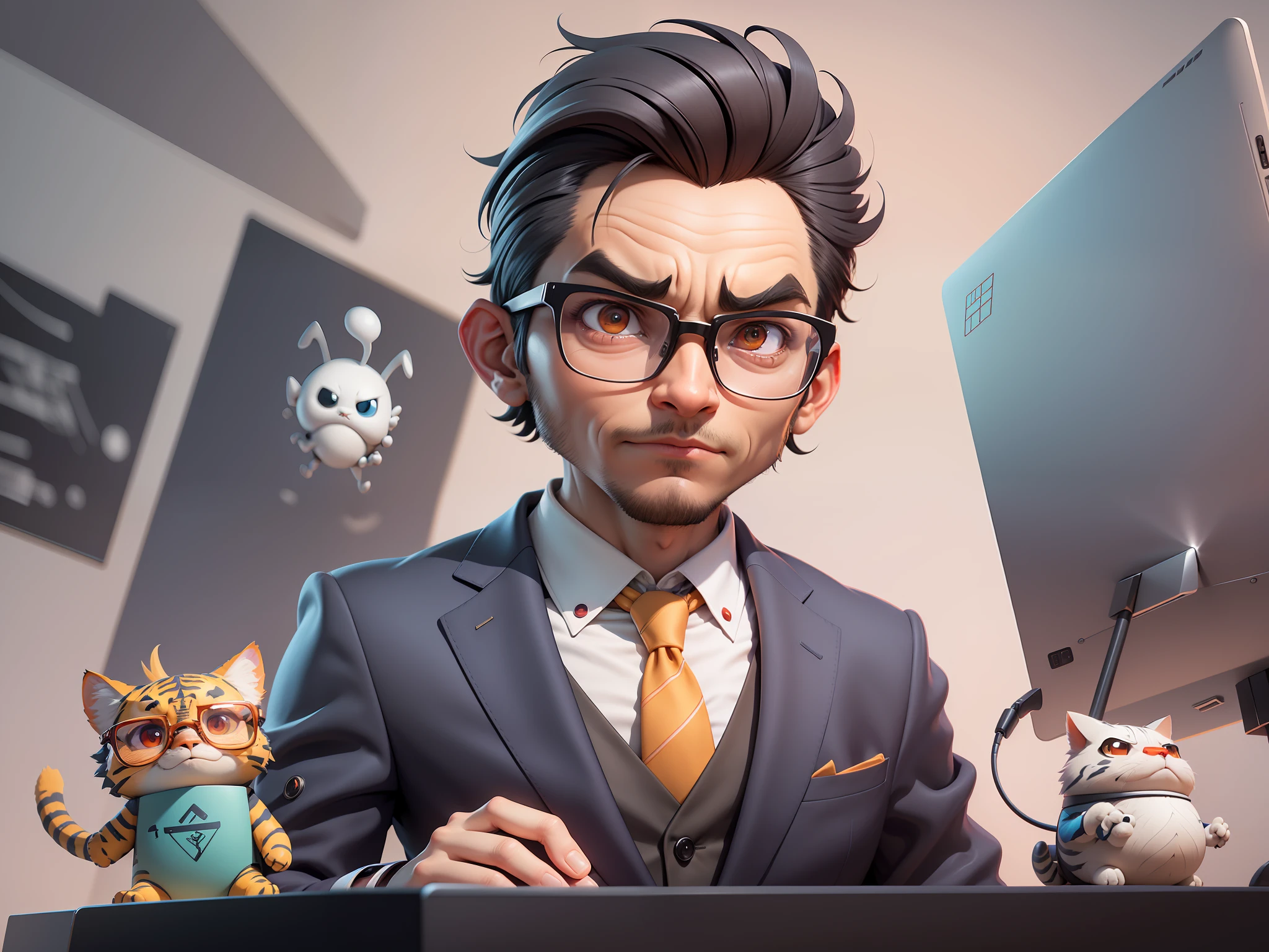 A young man in a suit, Short hair and glasses sat at his desk，holding laptop，digitial painting，tigre，3D character design by Mark Clairen and Pixar and Hayao Miyazaki and Akira Toriyama，4K HD illustration，Very detailed facial features and cartoon-style visuals。