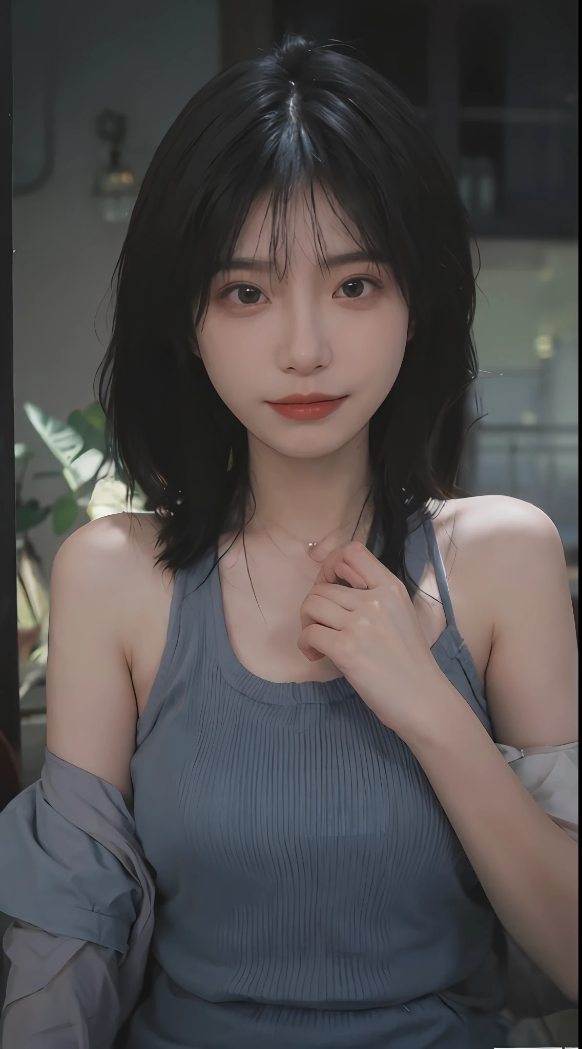 best qualtiy, 超高分辨率, (realisticlying:1.4),((Medium hair))),absurderes:1.2, The background is blurred out, Bokeh:1.2, photography of, (RAW photogr:1.2), (realisticlying:1.4), (tmasterpiece:1.3), (complexdetails:1.2), 1girll, 独奏, japanaese girl, delicated, beautifuldetails, (Detailed eyes), (detailedfacialfeatures), Petite, (((little breast))), skin tight, (Looking_at_peeping at the viewer), From_Front, (being thin), (best qualtiy:1.4), (超高分辨率:1.2), cinematric light, (Extreme detail illustration), (Gloss on lips, best qualityer, 超高分辨率, depth of fields, Caustics, Wide lighting, naturalshadow, 85mm, f/1.4, iso 200, 1/160s:0.75),1girll, 独奏, (((blue tanktop)))ssmile, 校服, choker necklace,