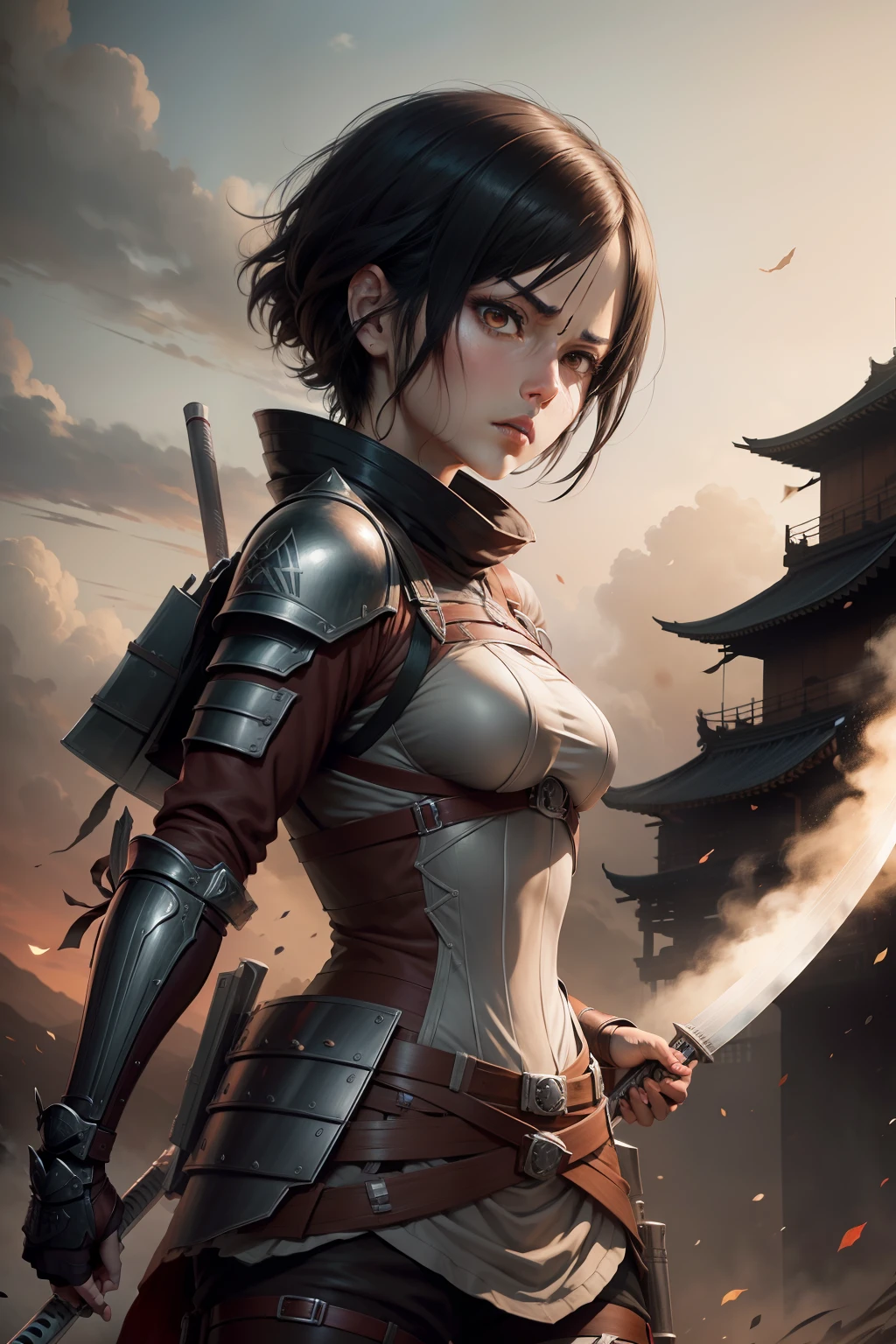 Mikasa Ackerman (Attack on Titan) of Samurai with incredible details, thematic, rosto detalhado, Armadura Samurai.
