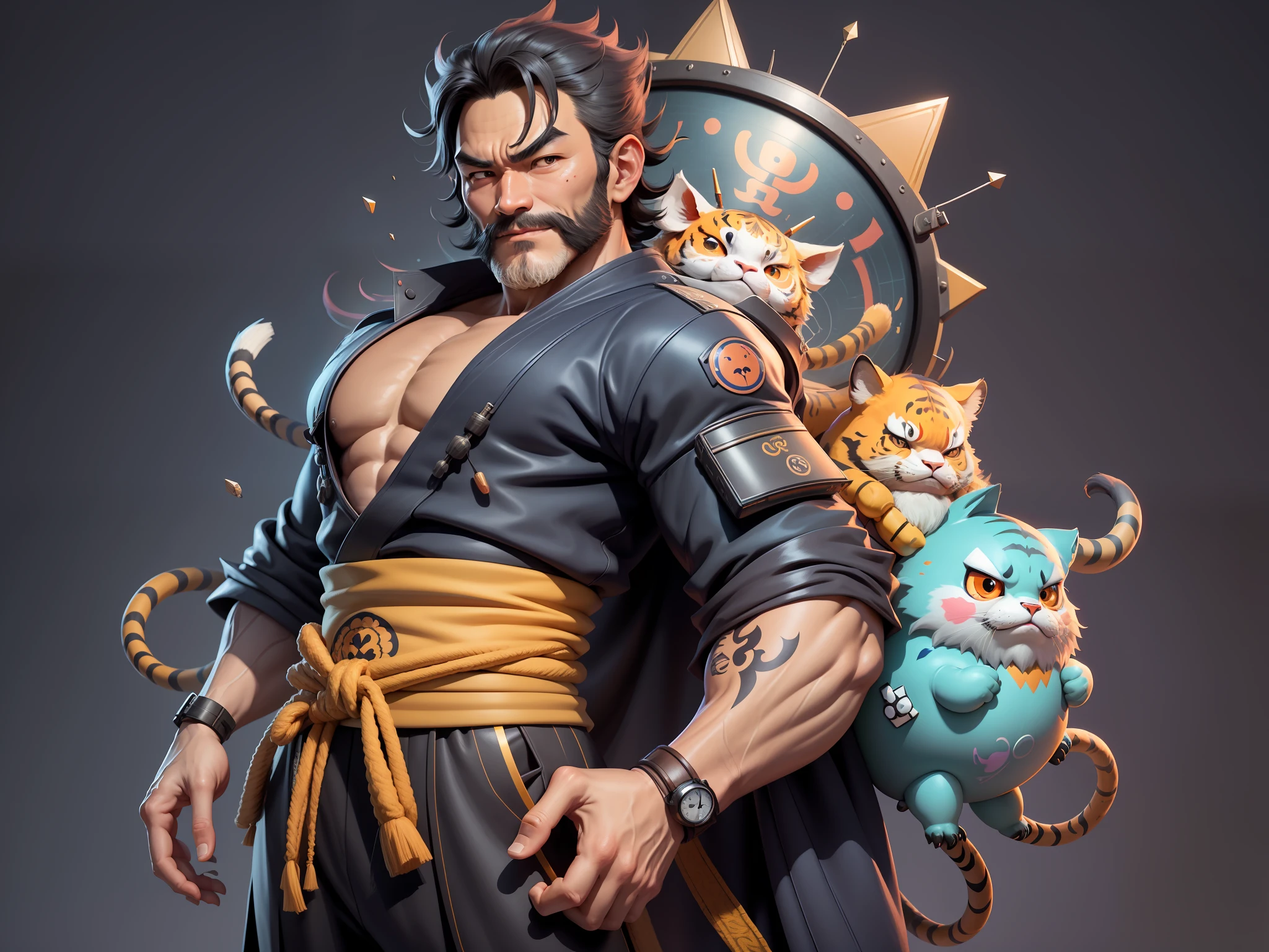 (Daisaku),(Need),(Super meticulous),(full bodyesbian:1.2),Super young man with Japanese geisha,Beautiful,orient,one tiger,Aeolian Thor,Raised sexy,爆乳,Oriental face,TV Anchor,Bust portrait illustration,In black suit,a blue tie,The face is slightly chubby,The face was clean,without a beard,Black super short hair,Black eyes,Smile confidently,3C computer sub-products,iPad, iphone,Digital painting,3D character design by Mark Clairen and Pixar and Hayao Miyazaki and Akira Toriyama,The illustration is a high-definition illustration in 4K resolution,With very detailed facial features and cartoon-style visuals。