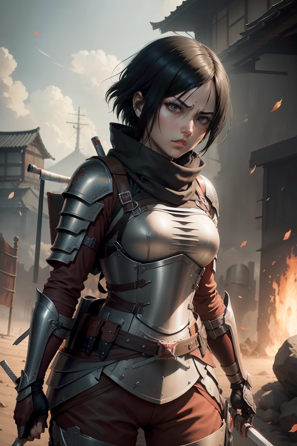 Mikasa Ackerman (Attack on Titan) of Samurai with incredible details, thematic, rosto detalhado, Armadura Samurai.