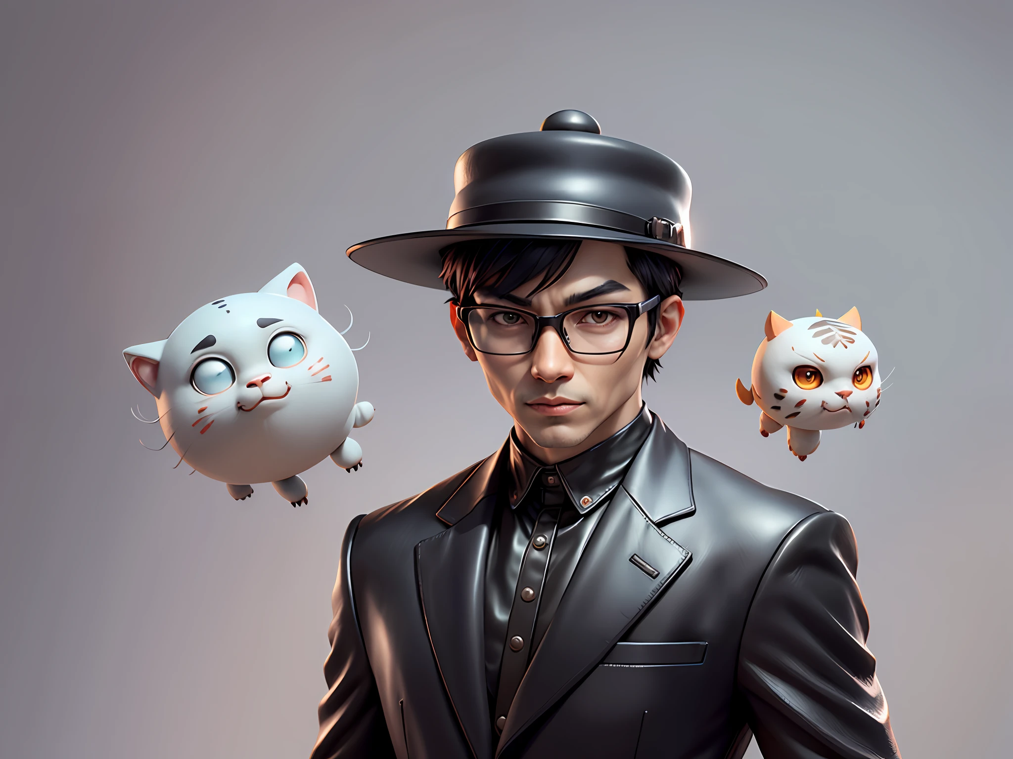 Young man with oriental face in leather hat, tiger, oriental face in formal suit, short black hair, silver glasses, digital painting, 3D character design by Mark Clairedon and Pixar and Hayao Miyazaki and Akira Toriyama, the illustration is a high-definition illustration in 4K resolution with very detailed facial features and cartoon-style visuals.