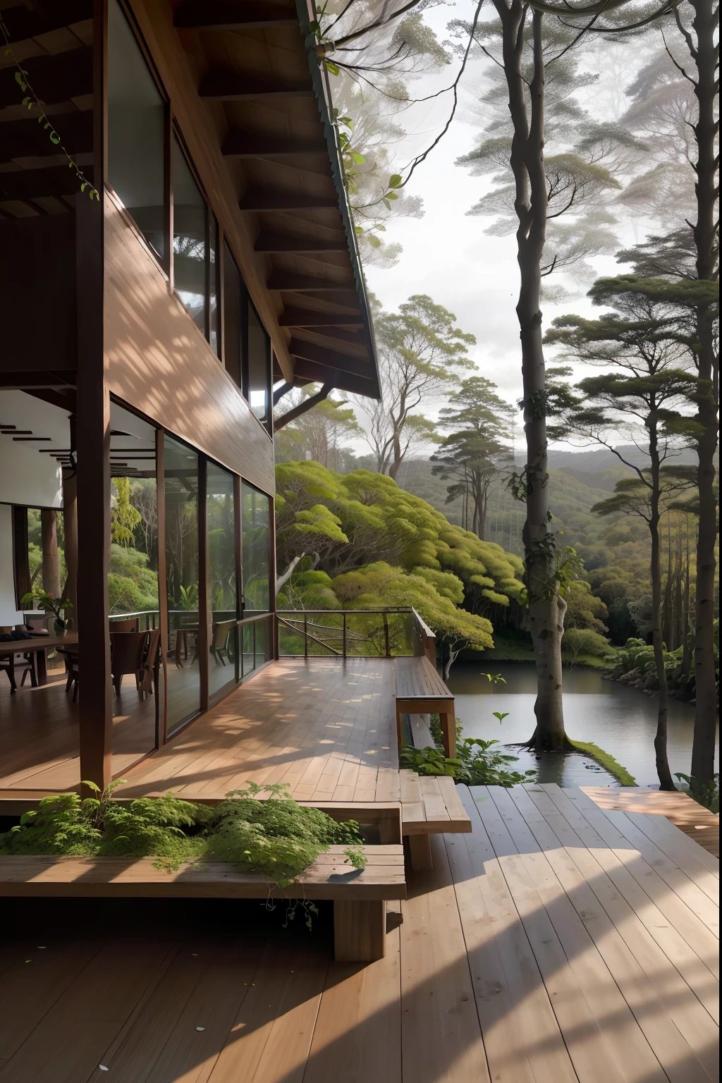 uma vista de um deck com uma floreira e um banco sobre ele, construir em uma floresta perto de um lago, Casa do Lago, Casa moderna na madeira, Casa minimalista na madeira, em ambiente de floresta serena, Casa na floresta, serene forest setting, Mistura com a arquitetura Rivendell, bela casa em um caminho da floresta, aninhado em uma floresta, Casa de campo na floresta