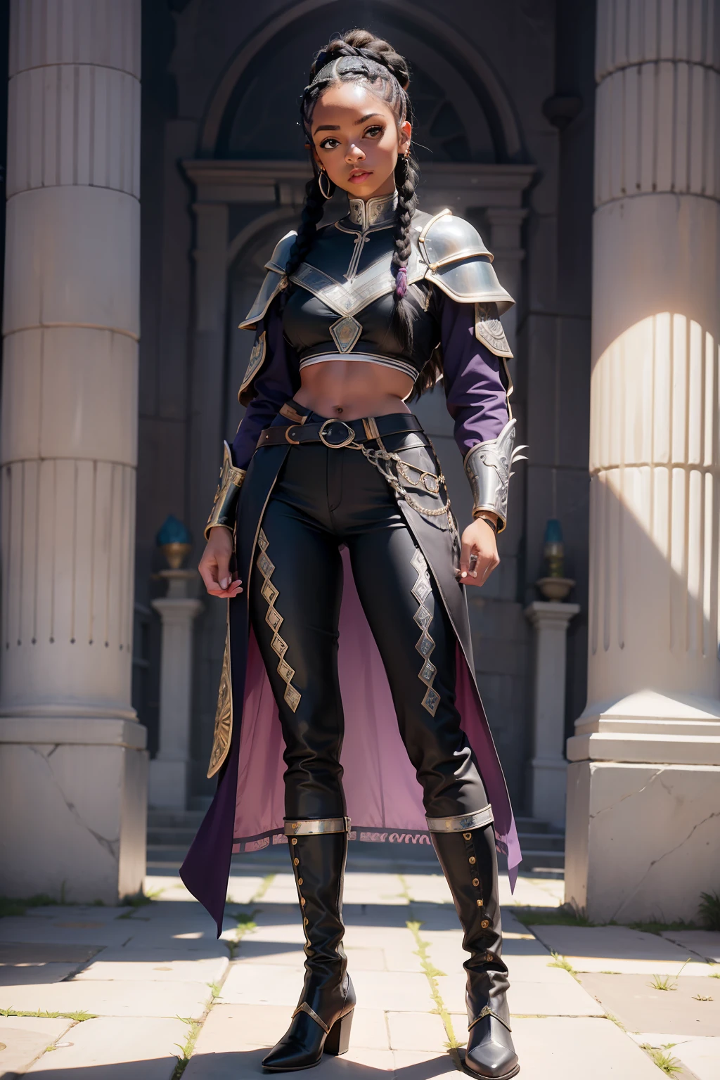 realista, mulher jovem, afrodescendente, pele escura, Braided black hair, plaits, Lilac medieval mantle with silver details, armadura prateada, Armadura medieval, Pants, Botas, corpo todo, corpo inteiro, sem fundo