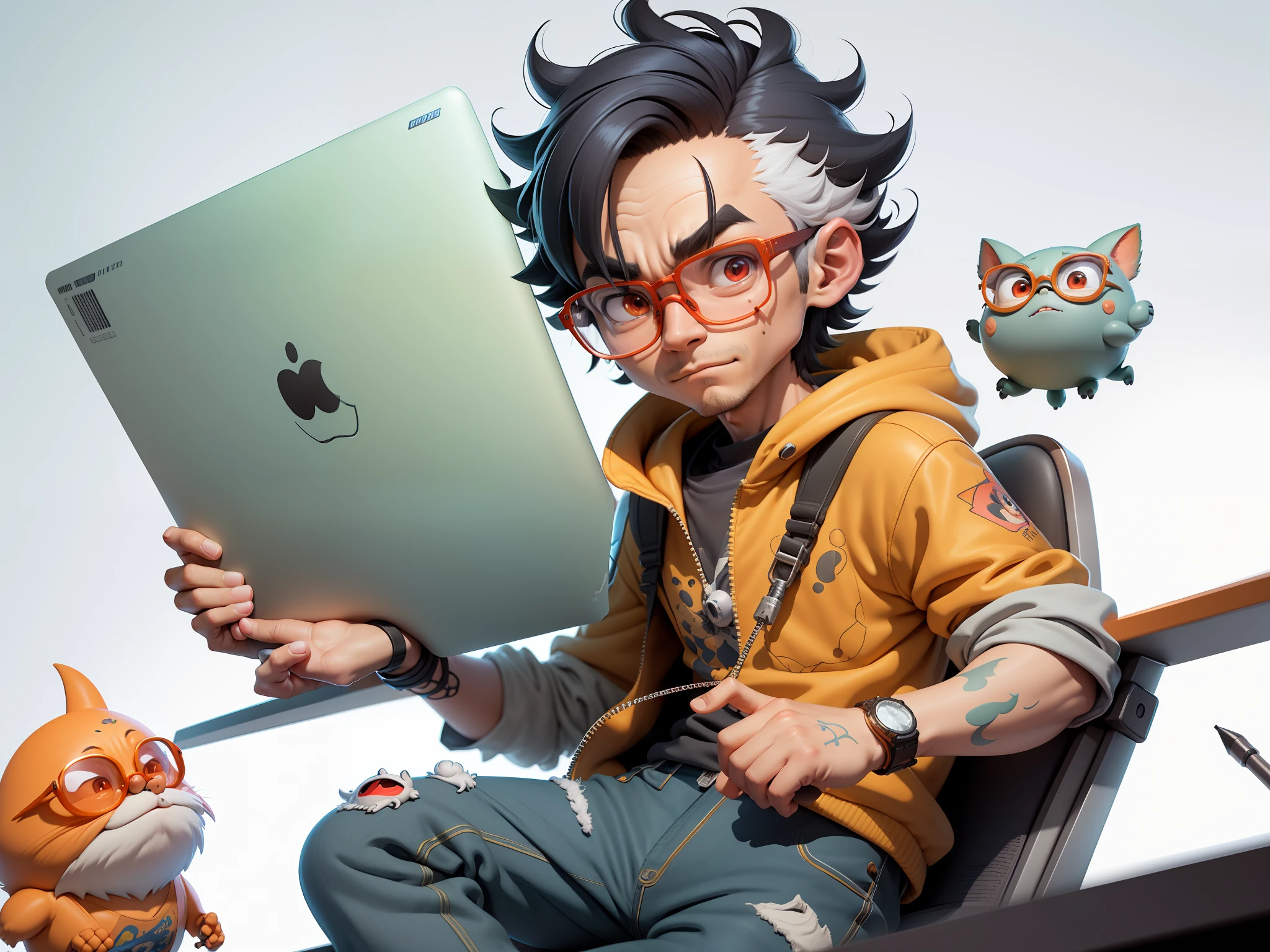 A young man with glasses sits at his desk，holding laptop，digitial painting，3D character design by Mark Clairen and Pixar and Hayao Miyazaki and Akira Toriyama，4K HD illustration，Very detailed facial features and cartoon-style visuals。