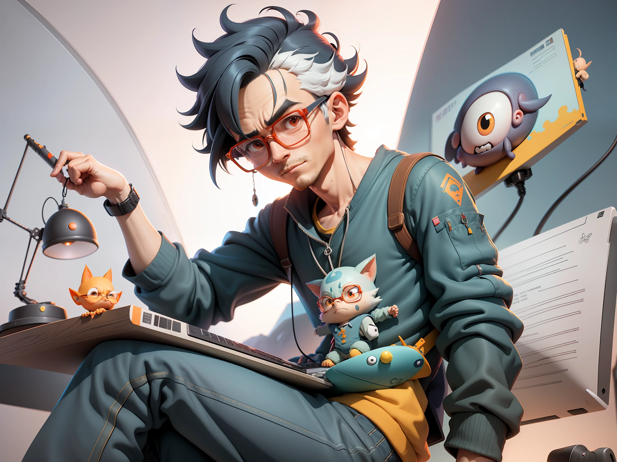 A young man with glasses sits at his desk,holding laptop,digitial painting,3D character design by Mark Clairen and Pixar and Hayao Miyazaki and Akira Toriyama,4K HD illustration,Very detailed facial features and cartoon-style visuals。