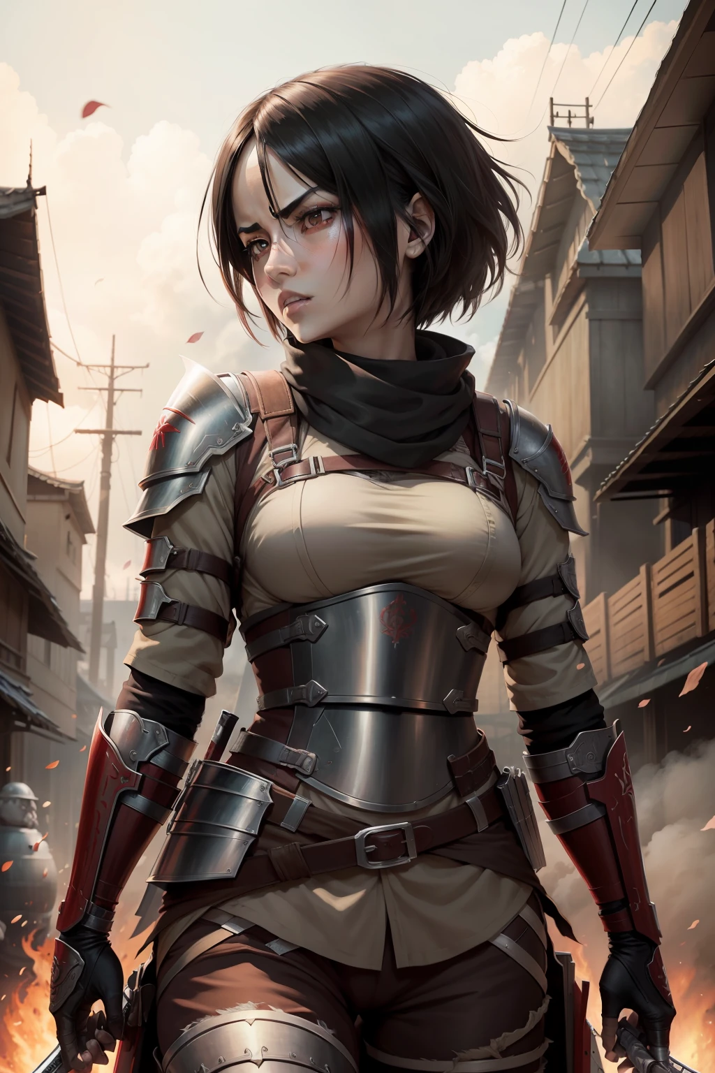 Mikasa Ackerman (Attack on Titan) of Samurai with incredible details, thematic, rosto detalhado, Armadura Samurai.