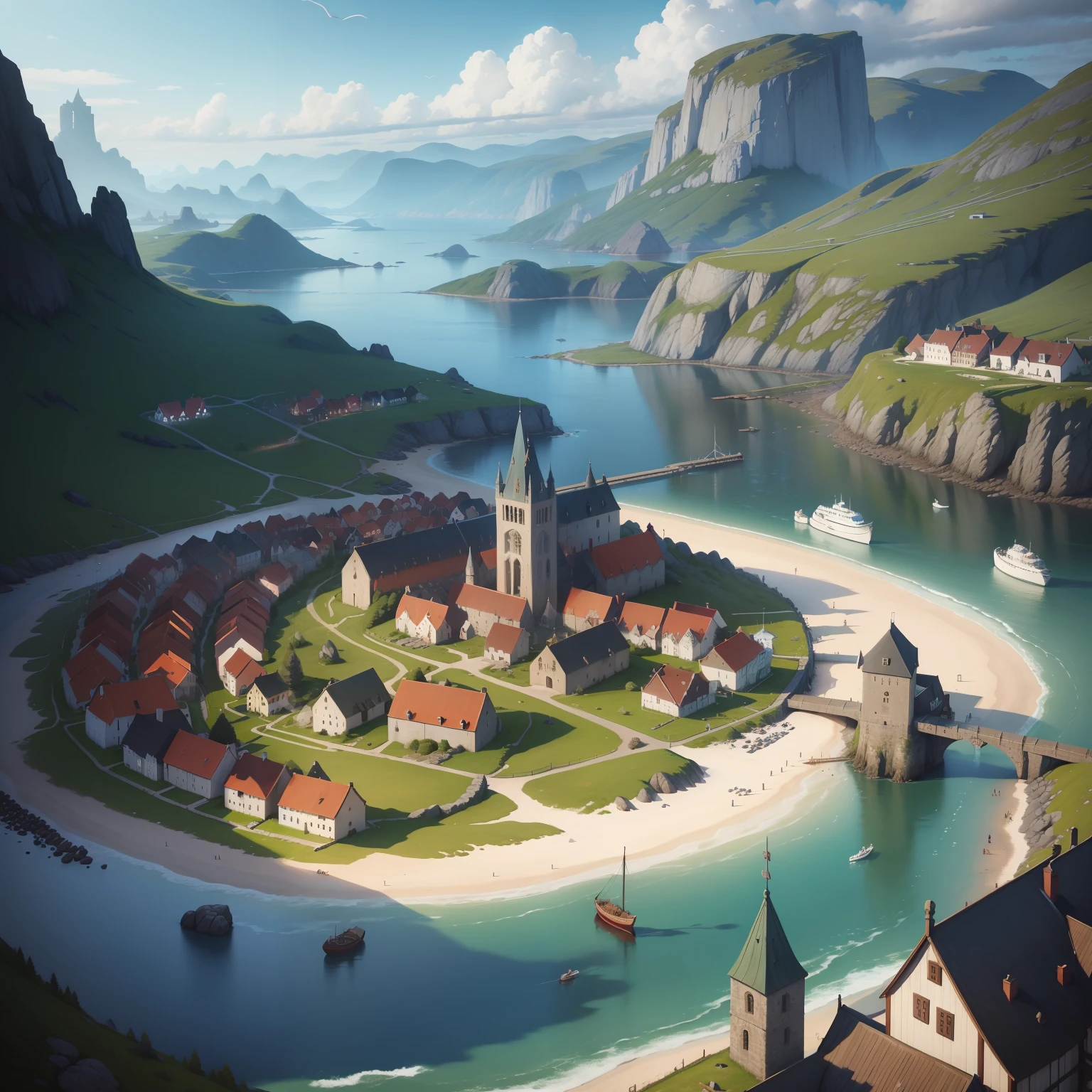Create a landscape of a Norwegian Viking city , uma grande cidade medieval , murada , RPG , fantasia , oil-painting, alto detalhamento, pessoas vivendo , Guardas , ambiente invernal , a beira do mar