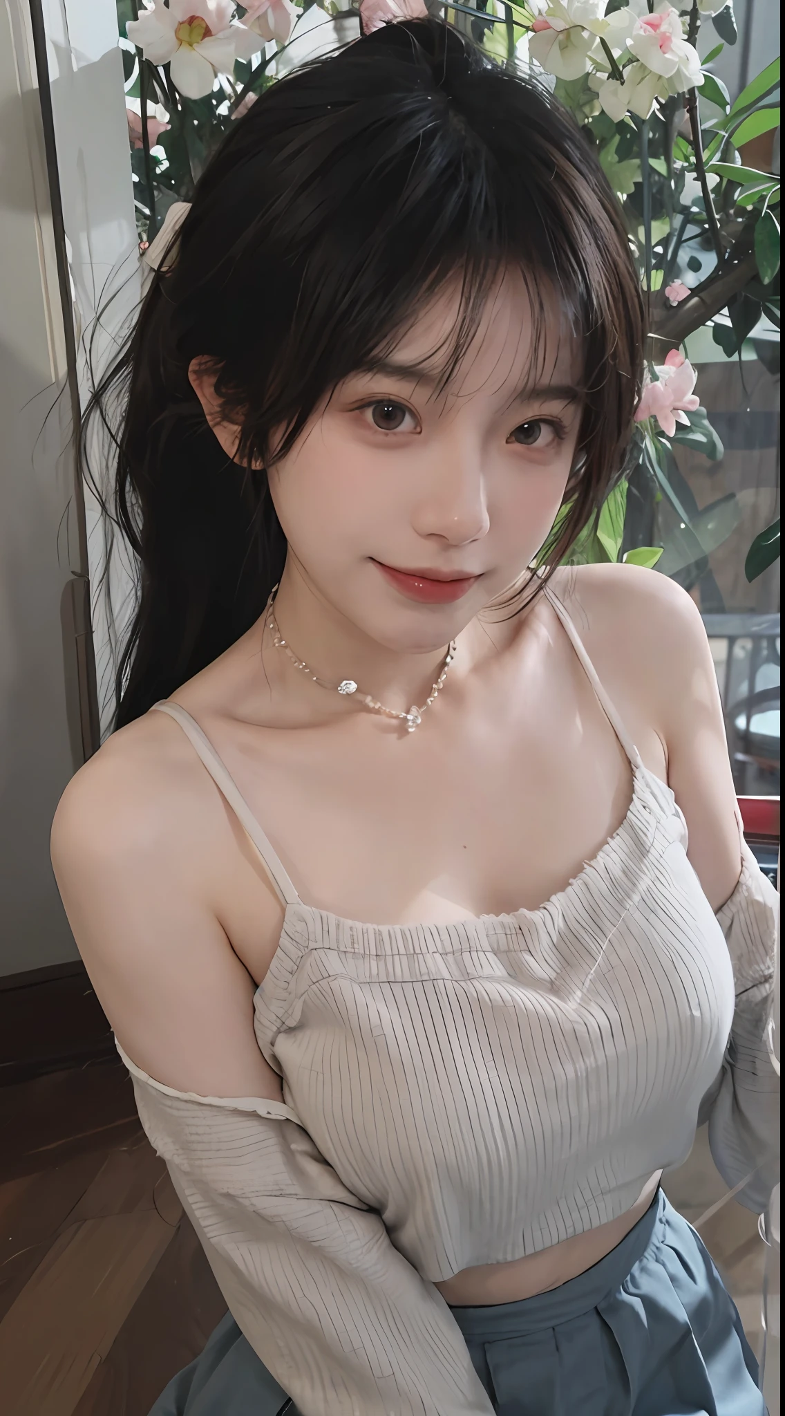 best qualtiy, 超高分辨率, (realisticlying:1.4),cute hairpin,Baoyu Girl,1girll, Raised sexy,a sense of atmosphere,Royal Sister,Beautiful woman with a slim figure:1.4, Abs:1.2, (High ponytail, mideum breasts:1.3), Pink cropped sweater:1.4, 浴室,Ultra-fine face,Elaborate Eyes,二重まぶた,ssmile,choker necklace