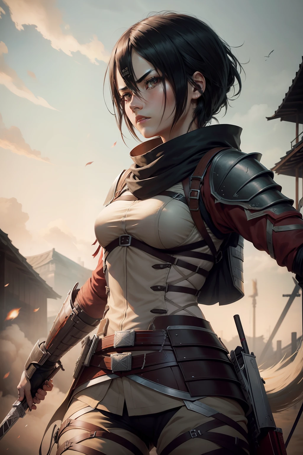 Mikasa Ackerman (Attack on Titan) of Samurai with incredible details, thematic, rosto detalhado, Armadura Samurai.