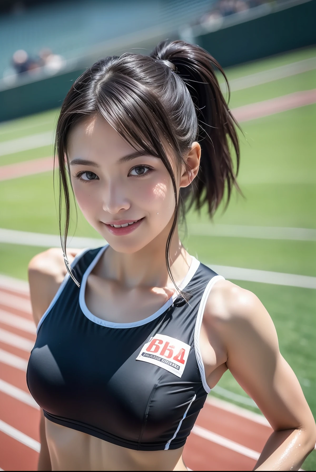 (((full bodyesbian)))、japanese beauty girl、(((track and field uniform)))、((Glossy shoulder-length black hair))、from the waist down、Posing、hairarmpits、Wet body、Sweaty body、Perfect style、beauty legs、kawaii、((Track & Field Athletes Women))、(((1人)))、((stadium))、Transcendent cute、A slight smil、Beautiful breasts、full bodyesbian、athletic field、((Outstanding style))、((Healthy body))、 Photorealsitic、Beautiful detailed eyes、Hyper-Realism、highcontrast、Ultra HD、realistic skin textures、Top image quality、top-quality、超A high resolution、Fine details、Very meticulously