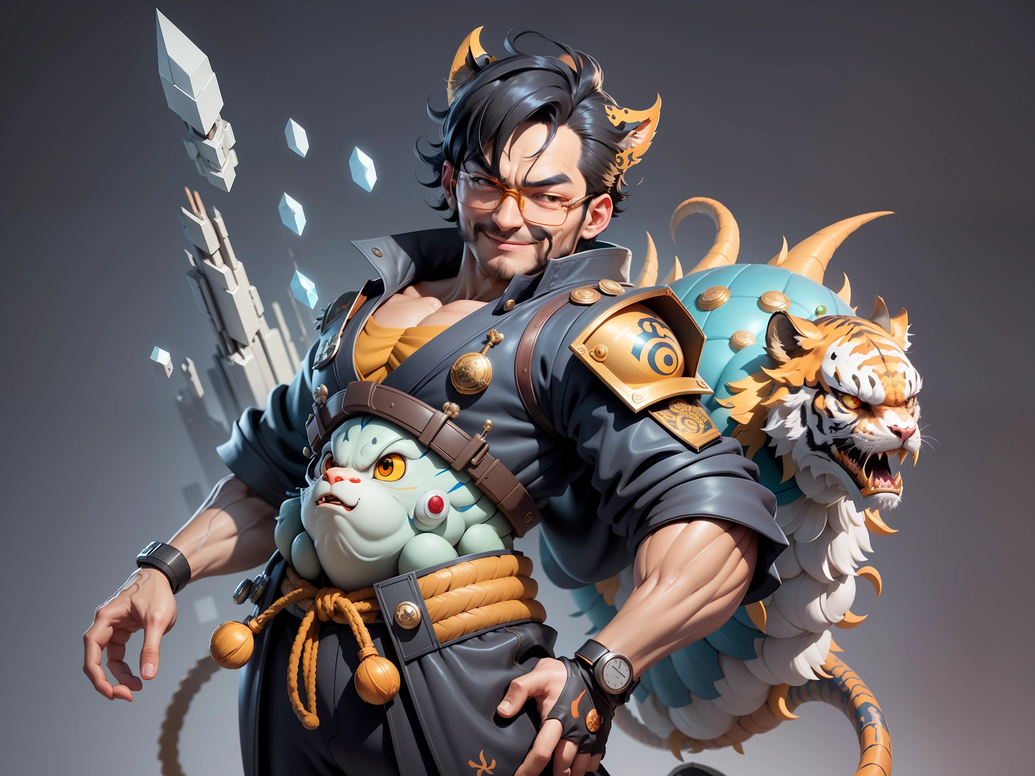 (Masterpiece), (Excellent), (Super Meticulous), (Full Body: 1.2), Super Young Man with Japanese Female Geisha, Pretty, Beautiful, Chinese Dragon, Tiger, Wind God Thor, Sexy, Bursting, Oriental Face, TV Anchor, Bust Portrait Illustration, Black Suit, Blue Tie, Slightly Chubby Face, Silver Glasses, Very Clean Face, No Beard on Chin, Black Super Short Hair, Black Eyes, Confident Smile, 3c Computer Sub-Products, iPad, iPhone, Digital Painting, 3D character design by Mark Clairedon and Pixar and Hayao Miyazaki and Akira Toriyama, the illustrations are HD illustrations in 4K resolution with highly detailed facial features and cartoon-style visuals.