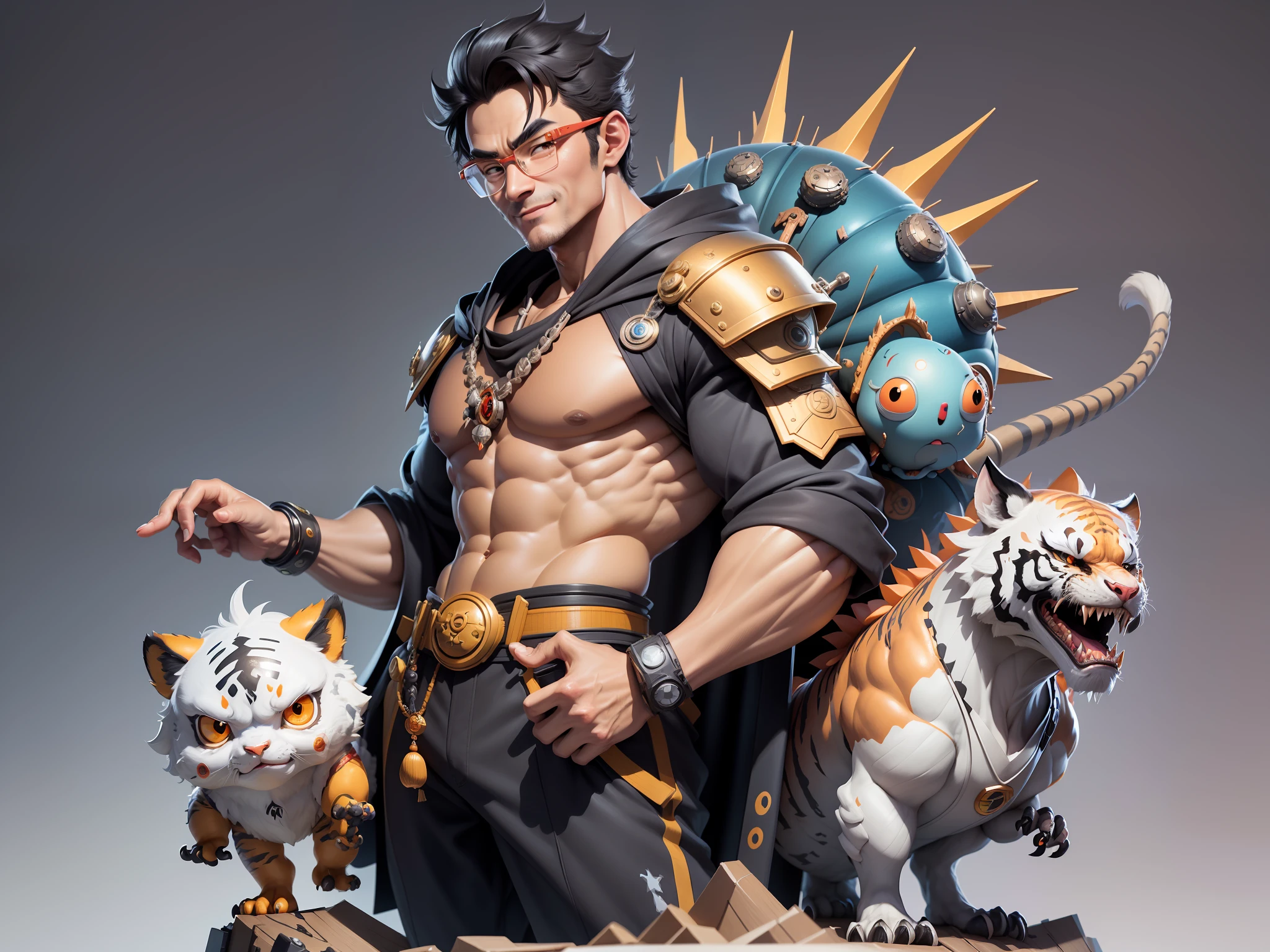 (Masterpiece), (Excellent), (Super Meticulous), (Full Body: 1.2), Super Young Man with Japanese Female Geisha, Pretty, Beautiful, Chinese Dragon, Tiger, Wind God Thor, Sexy, Bursting, Oriental Face, TV Anchor, Bust Portrait Illustration, Black Suit, Blue Tie, Slightly Chubby Face, Silver Glasses, Very Clean Face, No Beard on Chin, Black Super Short Hair, Black Eyes, Confident Smile, 3c Computer Sub-Products, iPad, iPhone, Digital Painting, 3D character design by Mark Clairedon and Pixar and Hayao Miyazaki and Akira Toriyama, the illustrations are HD illustrations in 4K resolution with highly detailed facial features and cartoon-style visuals.