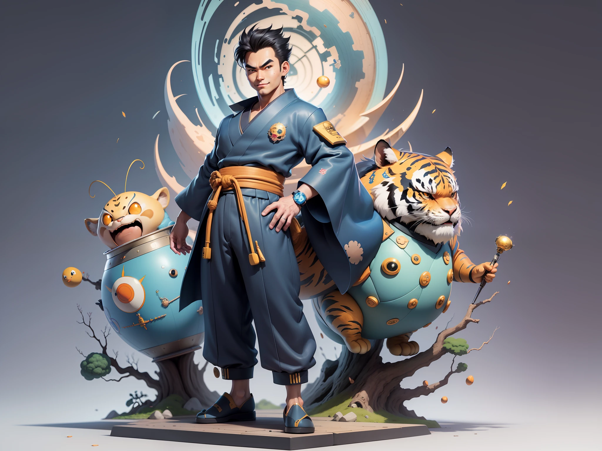 (Masterpiece), (Excellent), (Super Meticulous), (Full Body: 1.2), Super Young Man, Oriental Face, Japanese Kimono, Japanese Wind Thunder God, Dragon, Tiger, TV Anchor, Bust Portrait Illustration, Alone, Black Suit, Blue Tie, Slightly Chubby Face, Very Clean Face, No Beard, Black Super Short Hair, Black Eyes, Confident Smile, 3c Computer Sub-Products, iPad, iPhone, Digital Painting, 3D Character Design by Akira Toriyama and Mark Claireden and Pixar and Hayao Miyazaki, The illustration is a high-definition illustration in 4K resolution with very detailed facial features and cartoon-style visuals.