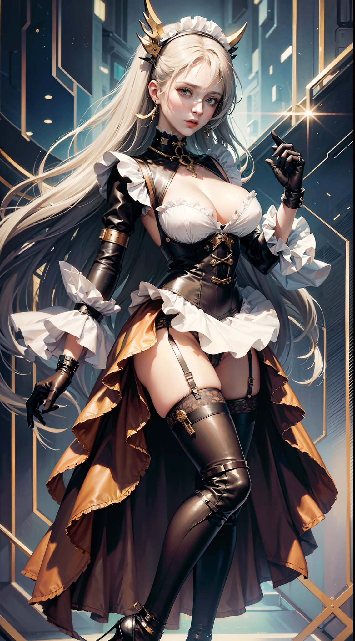 Claude Monet, Oil Painting, masutepiece, Cyberpunk style, Full body front view portrait, Slim woman, Leather version of the angel costume and a mechanical dress that combines a maid and net stockings, A glimpse of panties, Lots of piercings, Mechanical High Heel, Gold Ruffles Lace Maid Apron, Beautiful hair, Mechanical collar spiked around her neck, With soft lighting that emphasizes her anger and pure eyes, highlight details, With a pale face, In fog and fog, Dreamy haze. Images are photorealistic, Ultra high definition, Showcasing intricate details captured with manual focus