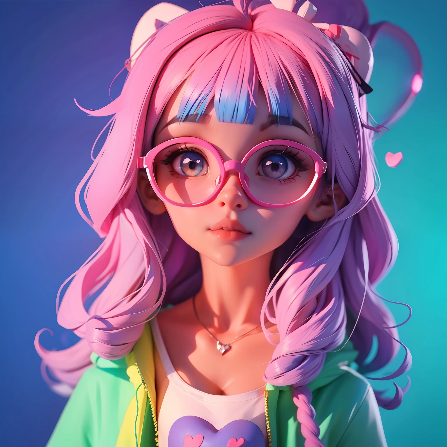 bonito , olhos brilhantes e macios , Cores rosa pastel e azul , Hearts in neon lights , Beautiful heart glasses , imagem muito fofa, estilo anime ,Meninao do rosto,