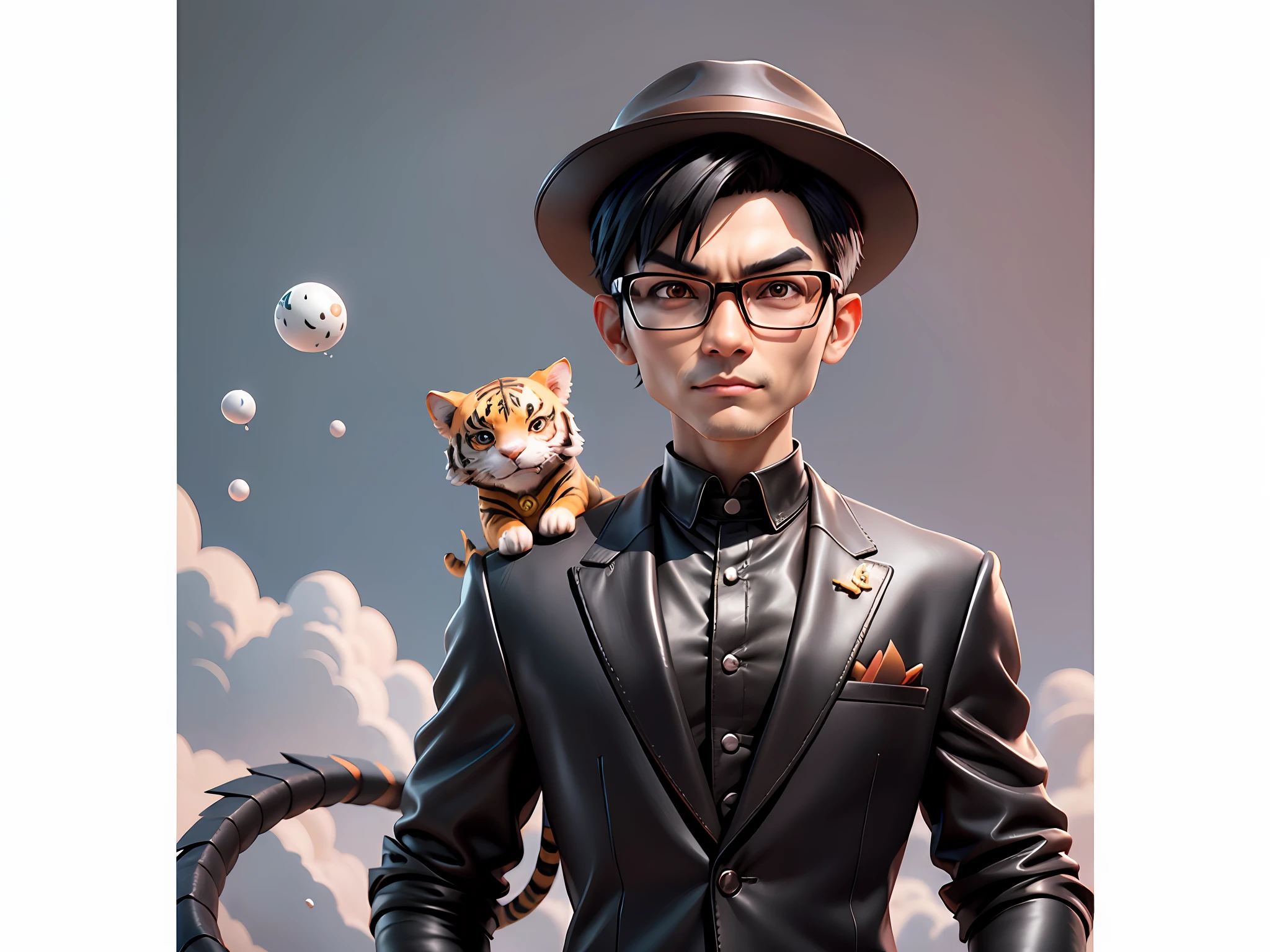 Young man with leather hat, tiger, dragon, oriental face in formal suit, short black hair, silver glasses, digital painting, 3D character design by Mark Clairedon and Pixar and Hayao Miyazaki and Akira Toriyama, the illustration is a high-definition illustration in 4K resolution with very detailed facial features and cartoon-style visuals.