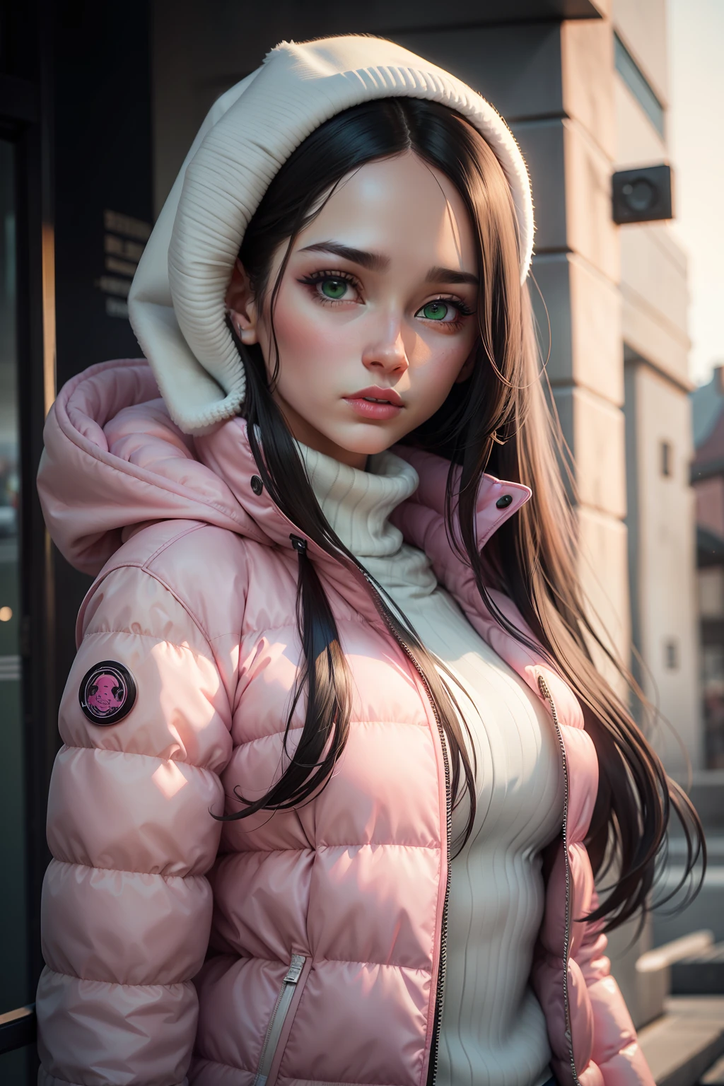create a realistic woman with white skin, slightly rounded face, long straight black hair, green eyes. Wearing a pink puffer coat.