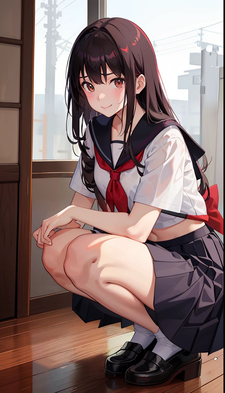 1girl in、A smile、The shirt、skirt by the、（small tits）Chilarism、Japan High School Student Uniform、serafuku、summer clothing、Squall Drenched Uniform、（Sheer Bra）、Upper body portrait、light cream hair、Squatting panchira、