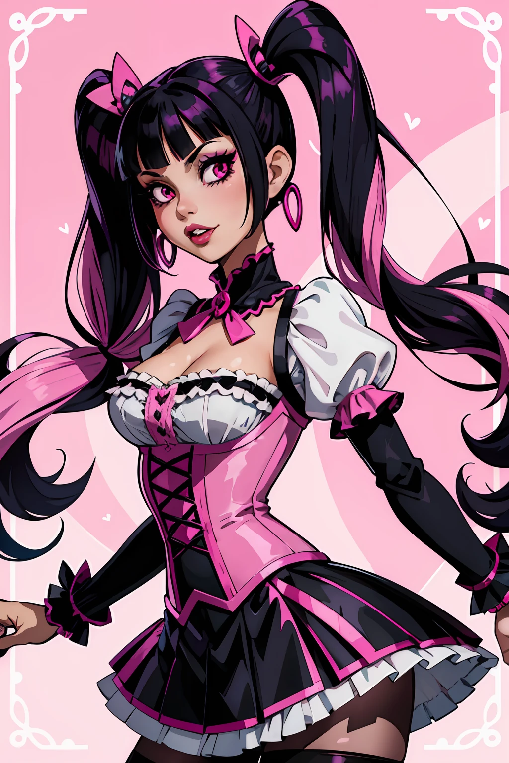 Draculaura Monster High hair black hair with pink highlights marie pigtails long fringe pink blouse with transparent black sleeves pink corset white pleated skirt black transparent pantyhose light pink skin pink heart design on cheek pink lips vampire teeth Draculaura monster high