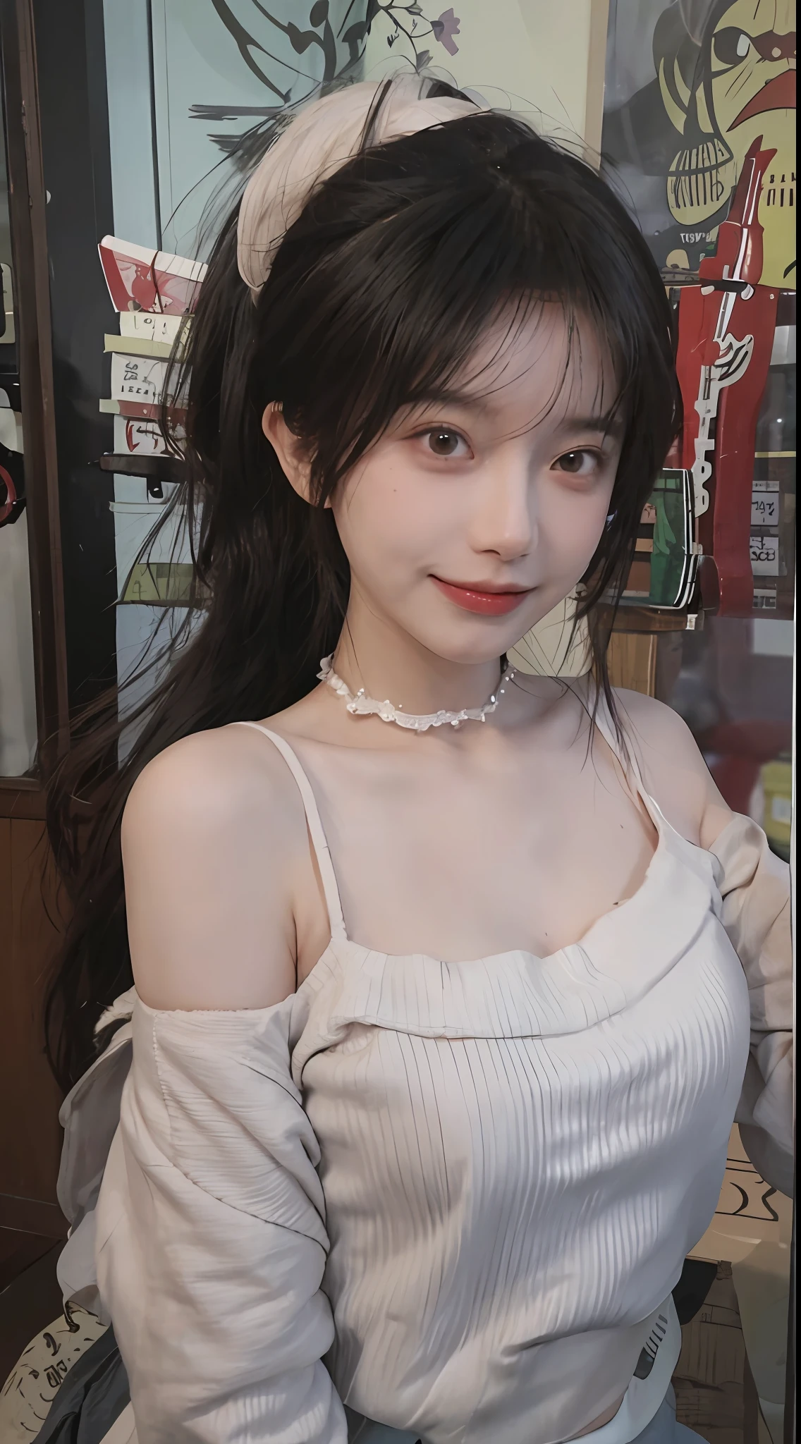 best qualtiy, 超高分辨率, (realisticlying:1.4),cute hairpin,Baoyu Girl,1girll, Raised sexy,a sense of atmosphere,Royal Sister,Beautiful woman with a slim figure:1.4, Abs:1.2, (High ponytail, mideum breasts:1.3), Pink cropped sweater:1.4, 浴室,Ultra-fine face,Elaborate Eyes,二重まぶた,ssmile,choker necklace