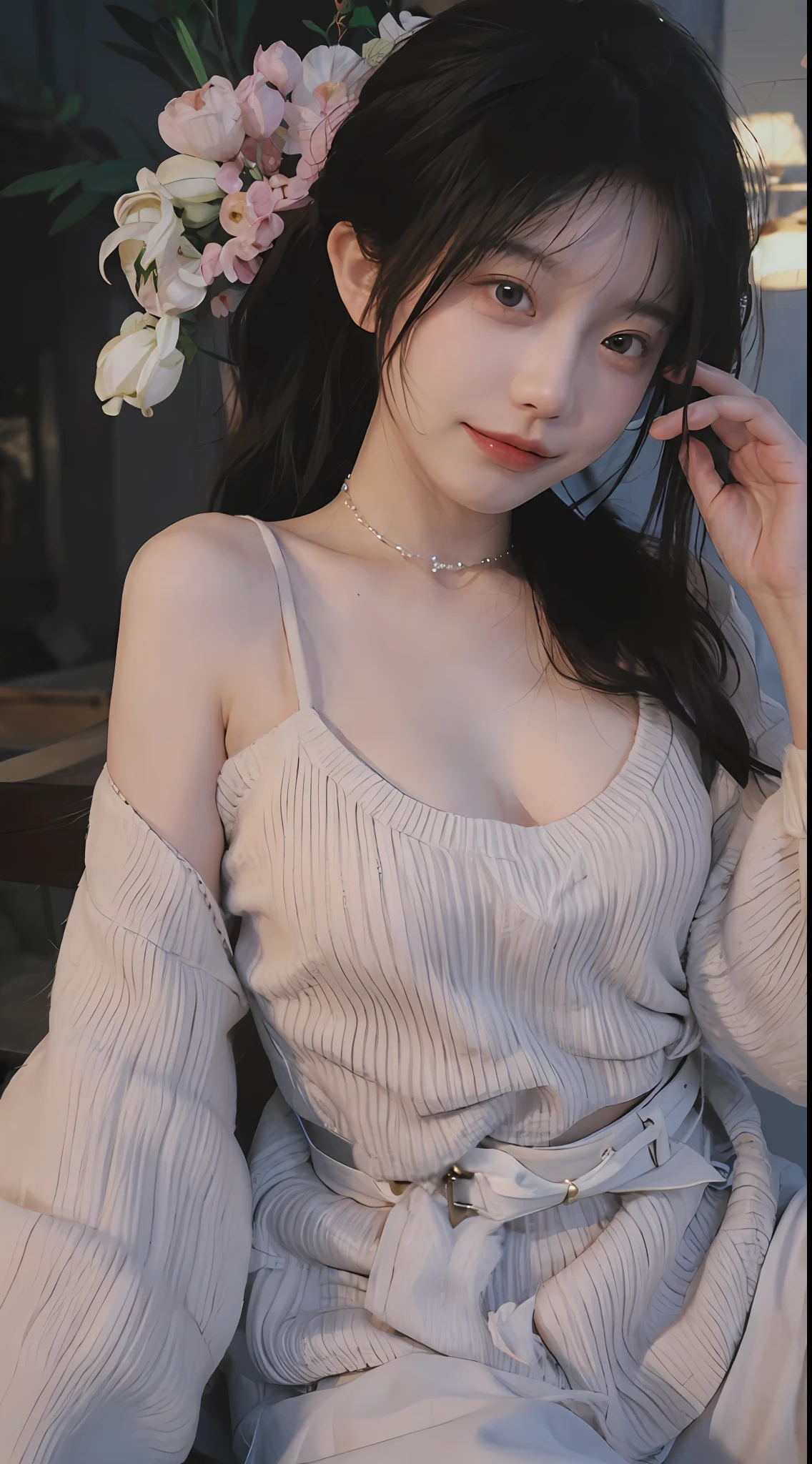 best qualtiy, 超高分辨率, (realisticlying:1.4),cute hairpin,Baoyu Girl,1girll, Raised sexy,a sense of atmosphere,Royal Sister,Beautiful woman with a slim figure:1.4, Abs:1.2, (High ponytail, mideum breasts:1.3), Pink cropped sweater:1.4, 浴室,Ultra-fine face,Elaborate Eyes,二重まぶた,ssmile,choker necklace