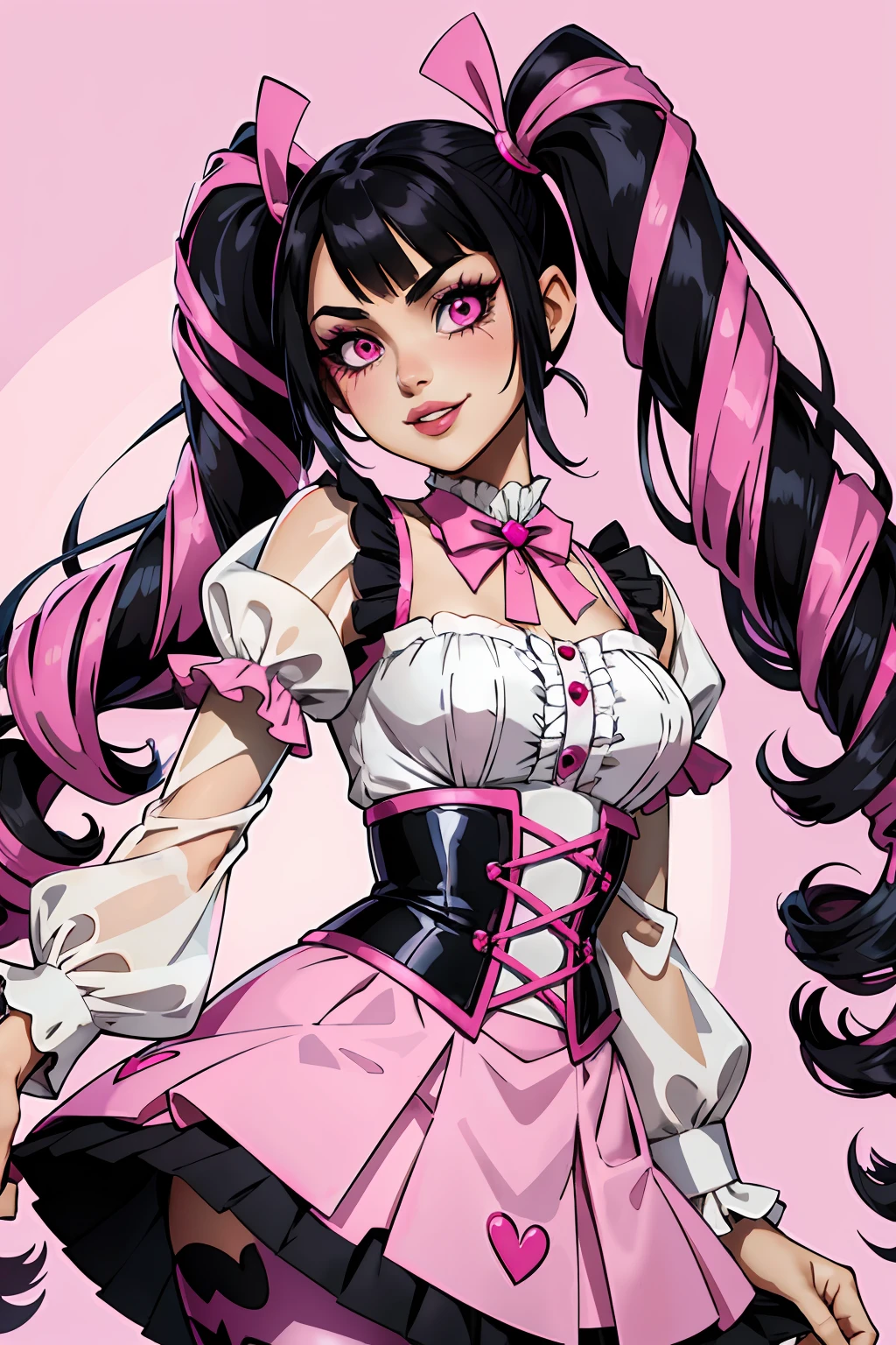 Draculaura Monster High hair black hair with pink highlights marie pigtails long fringe pink blouse with transparent black sleeves pink corset white pleated skirt black transparent pantyhose light pink skin pink heart design on cheek pink lips vampire teeth