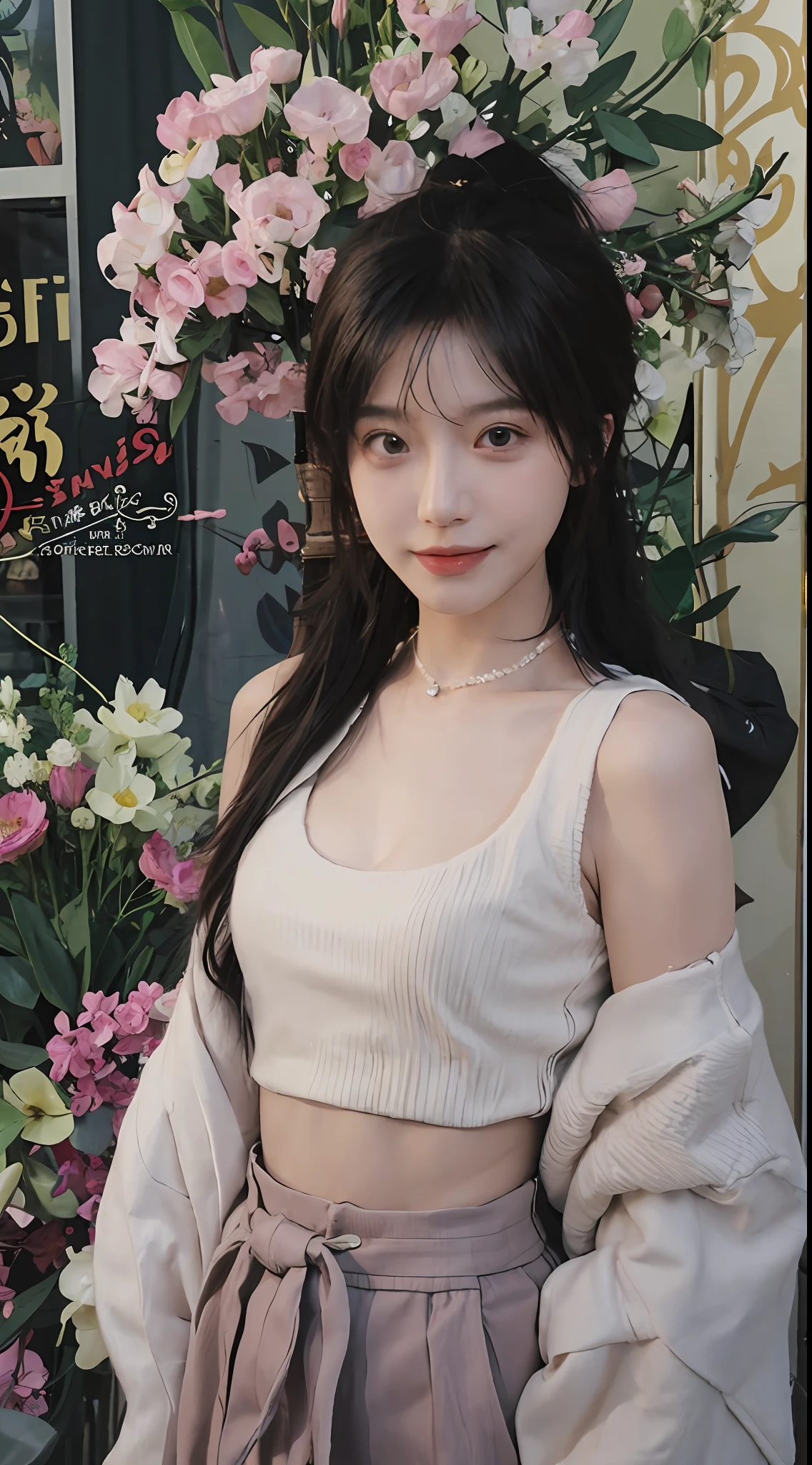 best qualtiy, 超高分辨率, (realisticlying:1.4),cute hairpin,Baoyu Girl,1girll, Raised sexy,a sense of atmosphere,Royal Sister,Beautiful woman with a slim figure:1.4, Abs:1.2, (High ponytail, mideum breasts:1.3), Pink cropped sweater:1.4, 浴室,Ultra-fine face,Elaborate Eyes,二重まぶた,ssmile,choker necklace