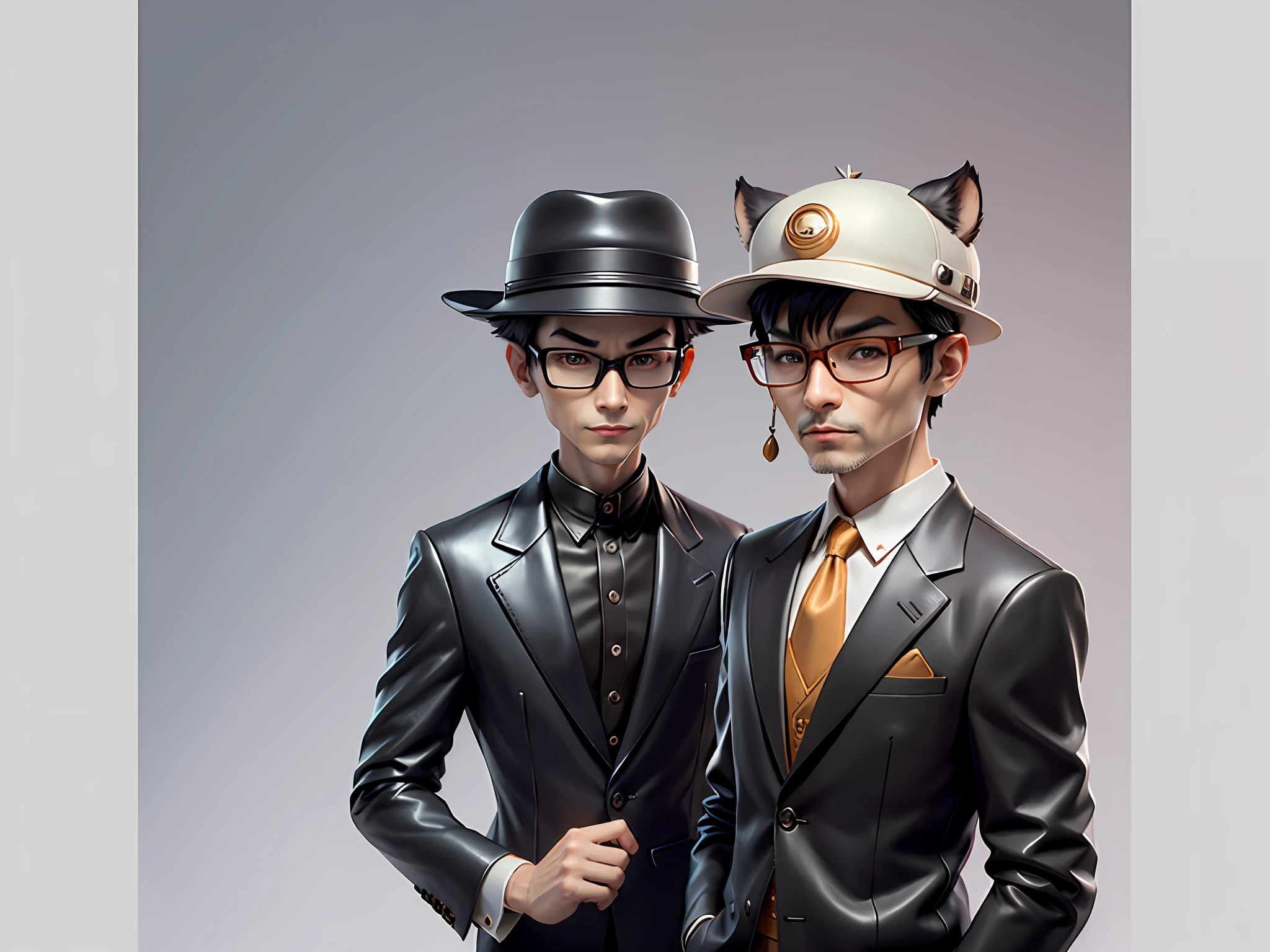 Young man with oriental face in leather hat, tiger, oriental face in formal suit, short black hair, silver glasses, digital painting, 3D character design by Mark Clairedon and Pixar and Hayao Miyazaki and Akira Toriyama, the illustration is a high-definition illustration in 4K resolution with very detailed facial features and cartoon-style visuals.