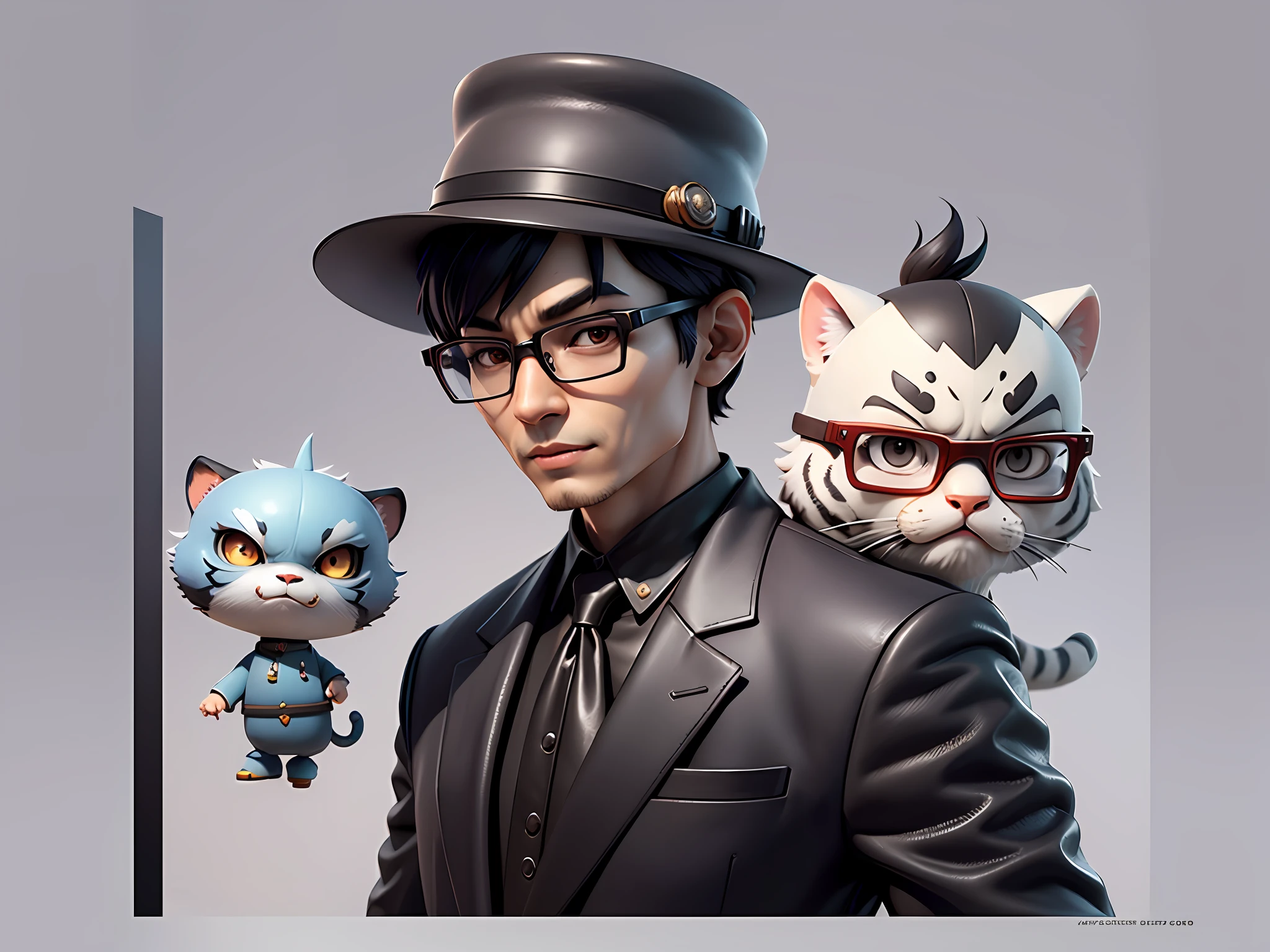 Young man with oriental face in leather hat, tiger, oriental face in formal suit, short black hair, silver glasses, digital painting, 3D character design by Mark Clairedon and Pixar and Hayao Miyazaki and Akira Toriyama, the illustration is a high-definition illustration in 4K resolution with very detailed facial features and cartoon-style visuals.