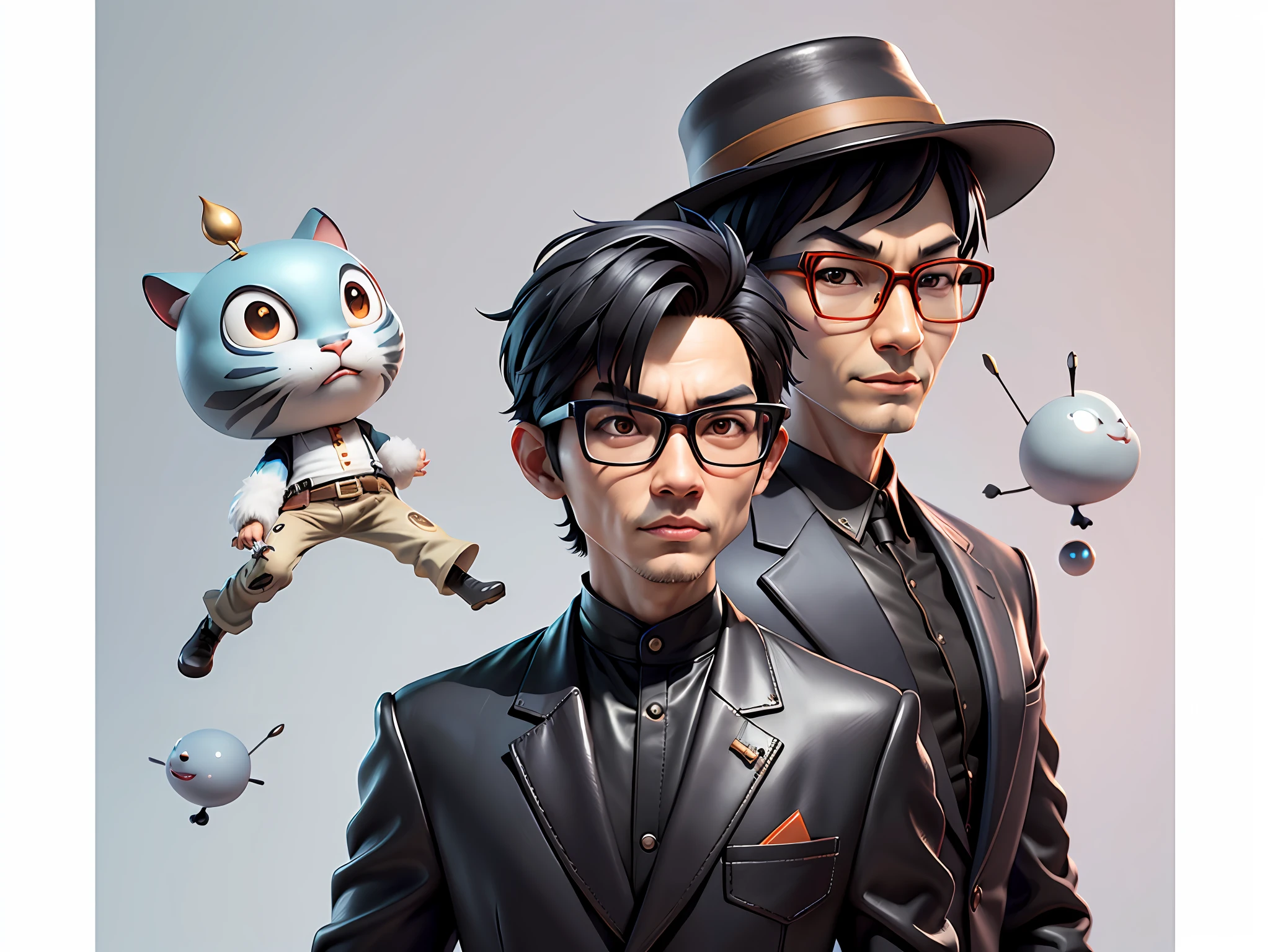 Young man with oriental face in leather hat, tiger, oriental face in formal suit, short black hair, silver glasses, digital painting, 3D character design by Mark Clairedon and Pixar and Hayao Miyazaki and Akira Toriyama, the illustration is a high-definition illustration in 4K resolution with very detailed facial features and cartoon-style visuals.