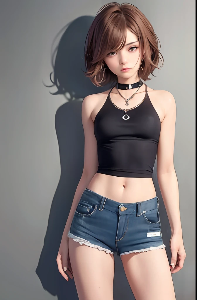((medium breast, tomboy girls, small head)), (chiseled abs : 1.1), (perfect body : 1.1), (short wavy hair : 1.2) , auburn hair, collar, chain, full body shot, crowded street, wearing black tanktop, jeans jacket, ((shorts)), (extremely detailed CG 8k wallpaper), (an extremely delicate and beautiful), (masterpiece), (best quality:1.0), (ultra highres:1.0)