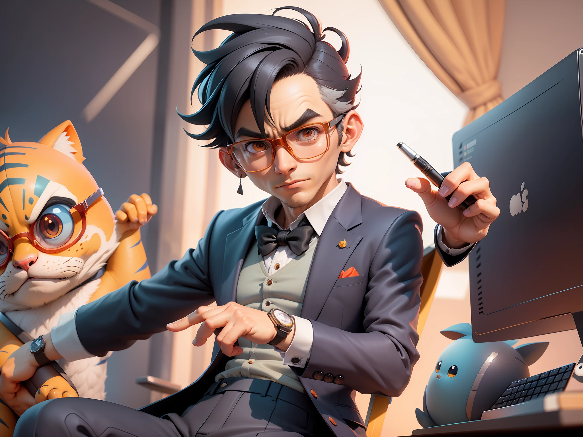 A young man in a suit, Short hair and glasses sat at his desk,holding laptop,digitial painting,tigre,3D character design by Mark Clairen and Pixar and Hayao Miyazaki and Akira Toriyama,4K HD illustration,Very detailed facial features and cartoon-style visuals。