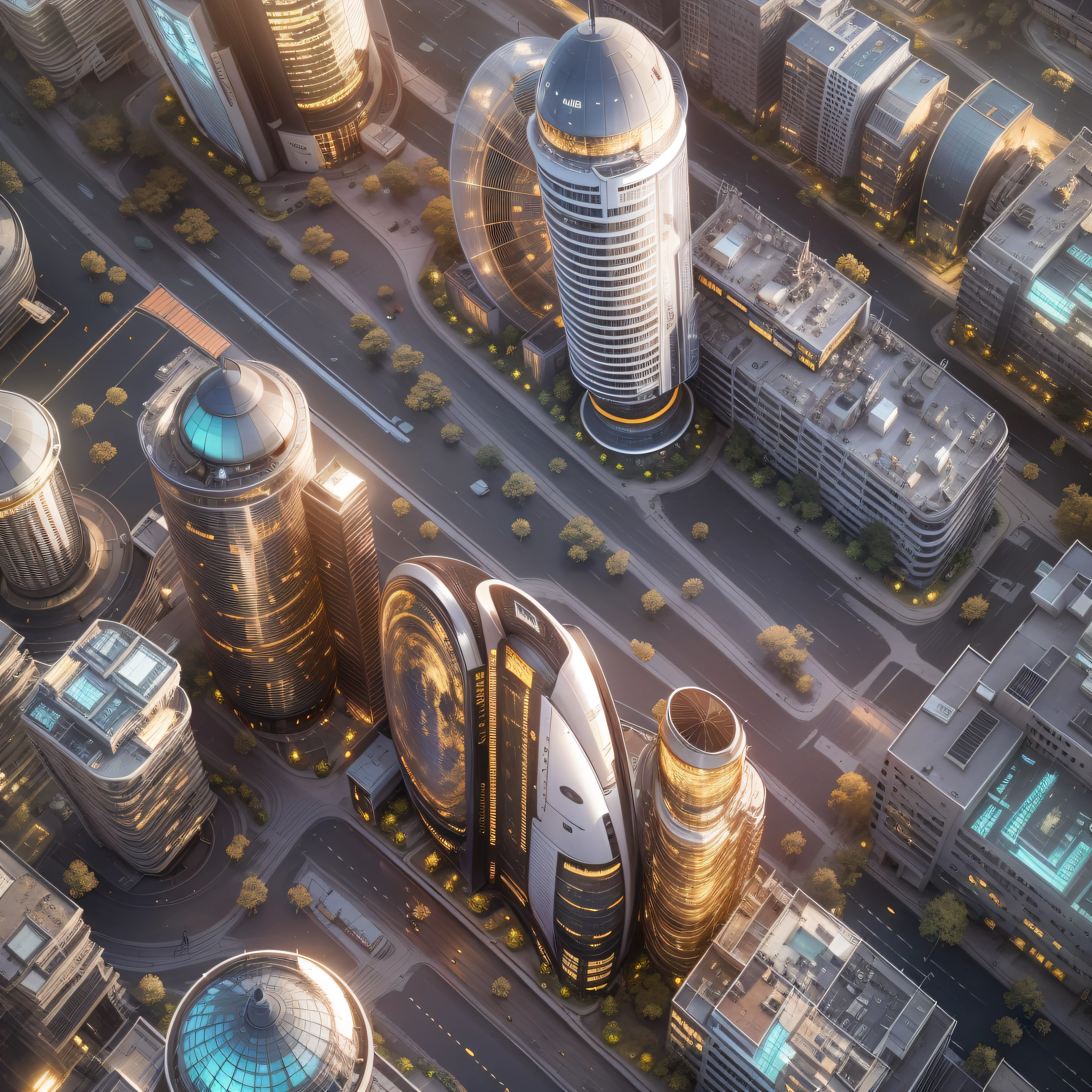 en un planeta desconocido la tripulacion de una spacecraft, Stroll through its bright pavement observing the immense buildings of great technology and fantastic design with colors of the luminous arch and abundance of silver, oro y bronce en sus edificaciones.