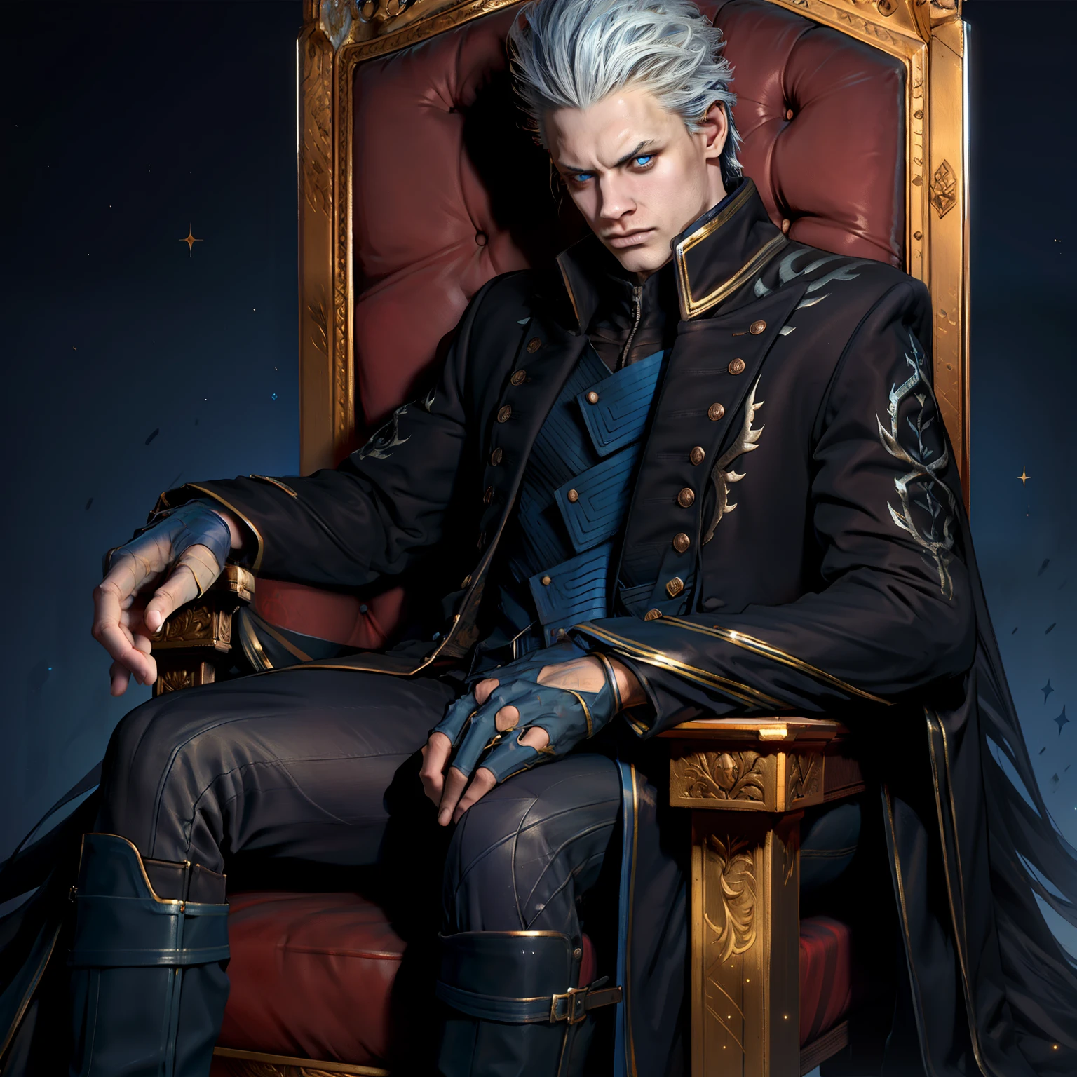 "1 homme, Adolescent de 20 ans, Dark blue wide collar, hair slicked back, Sparkling blue eyes, serious expression, sitting on a throne."